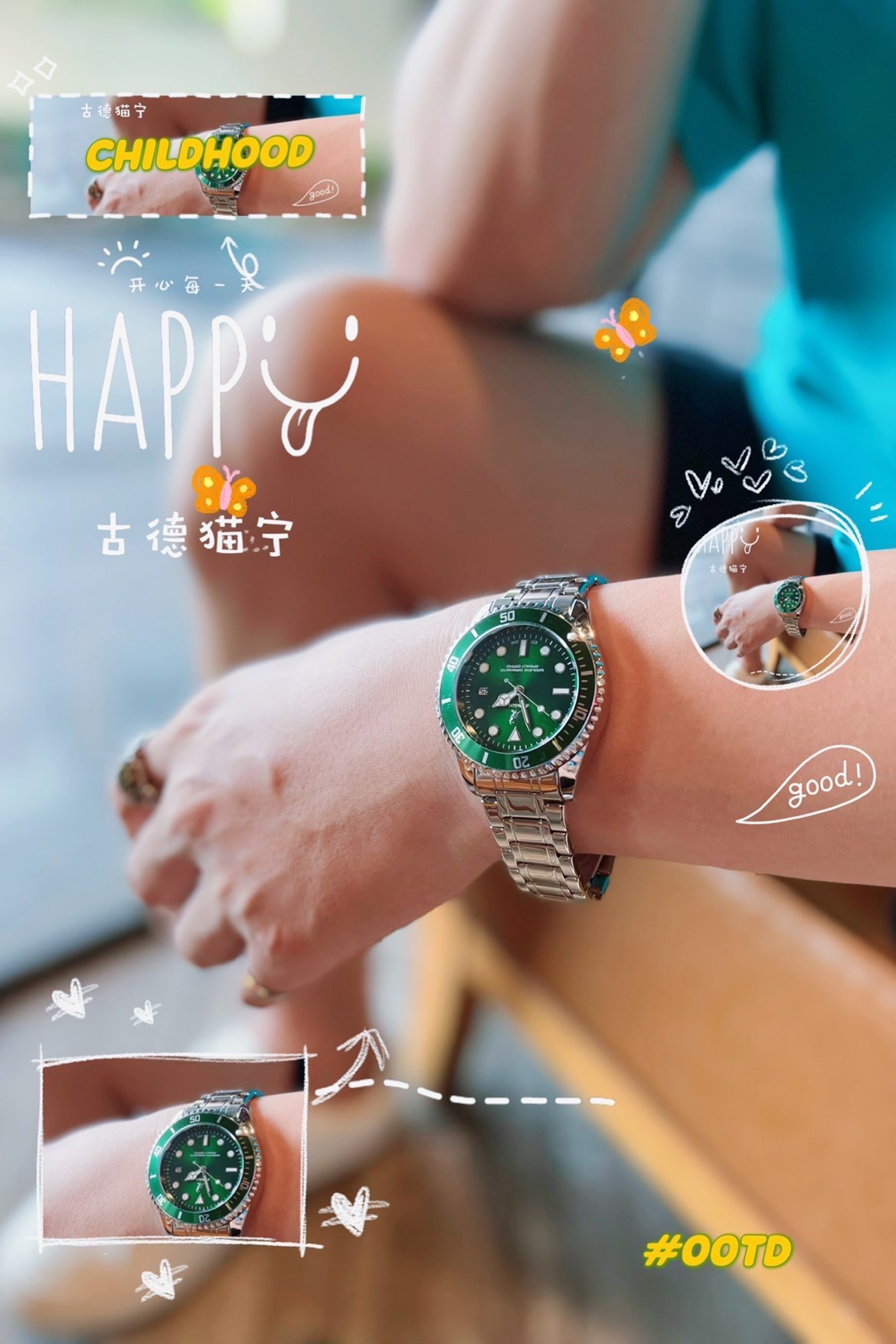 kangol 袋鼠潜航者夜光绿水鬼 潮流百搭时尚腕表