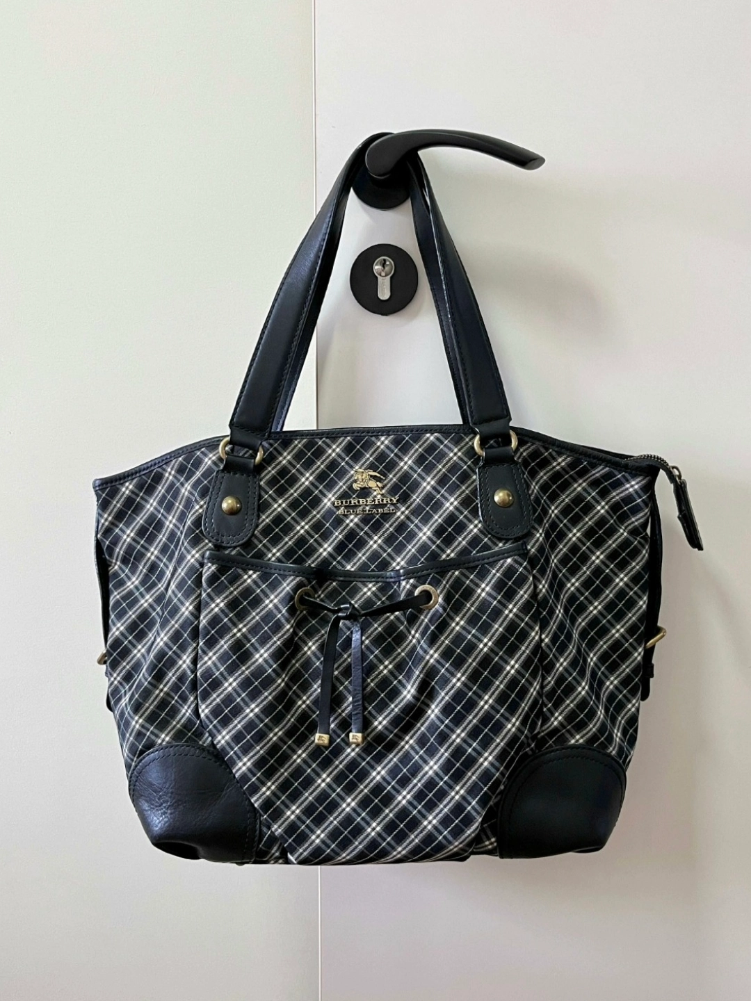 burberry巴宝莉学院风蓝黑色战马格纹托特包