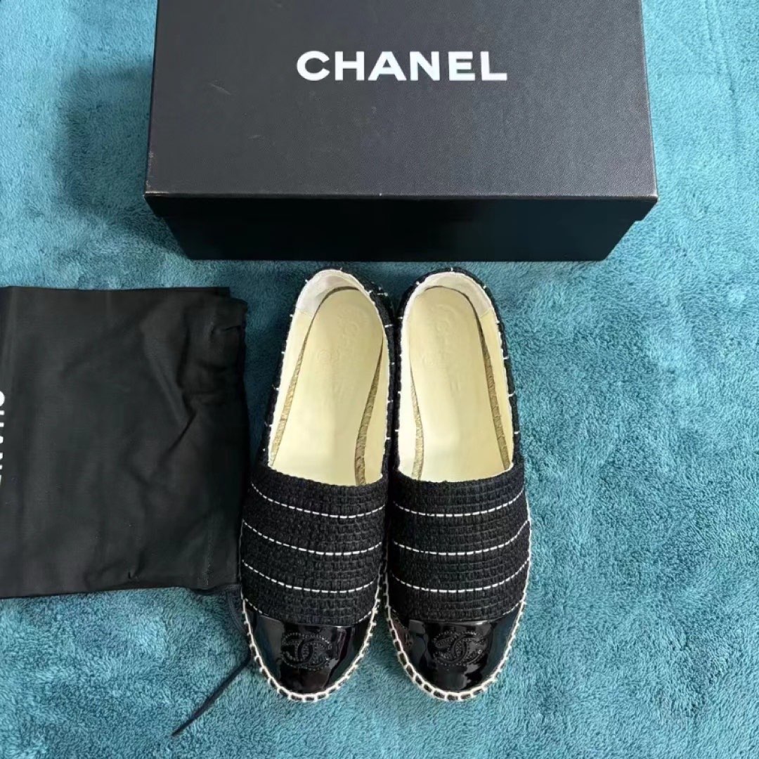 chanel渔夫鞋 针织漆面 黑色 尺码:38码#香奈儿渔夫鞋