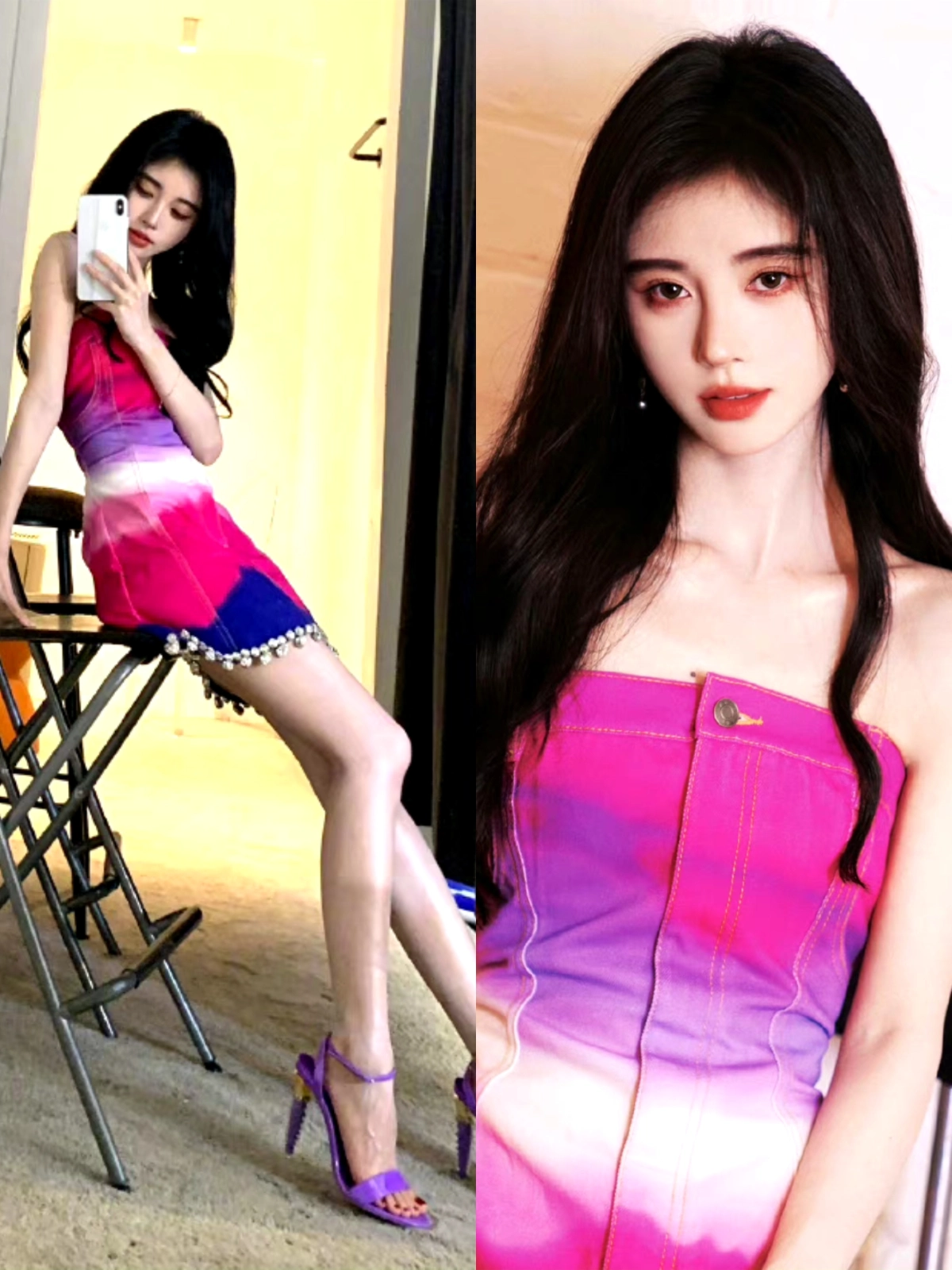 鞠婧祎渐变牛仔裙造型,两米大长腿真会拍!