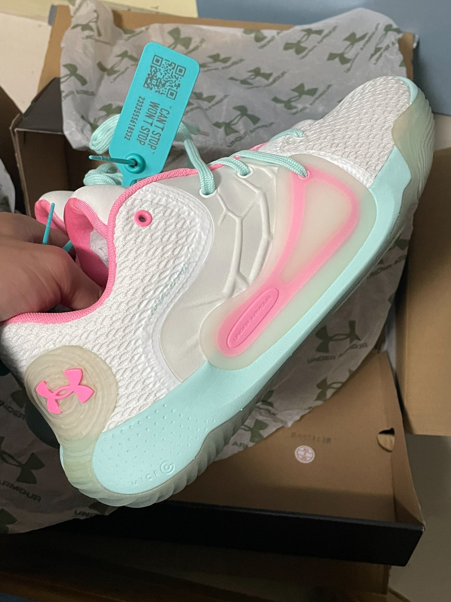 custom review-Under Armour Spawn 2 Basketball Shoes Unisex Low Top White/Pink/Green