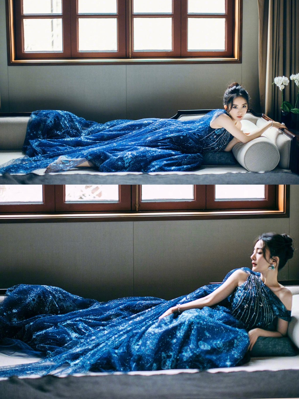 杨幂蓝色薄纱闪耀星空礼服