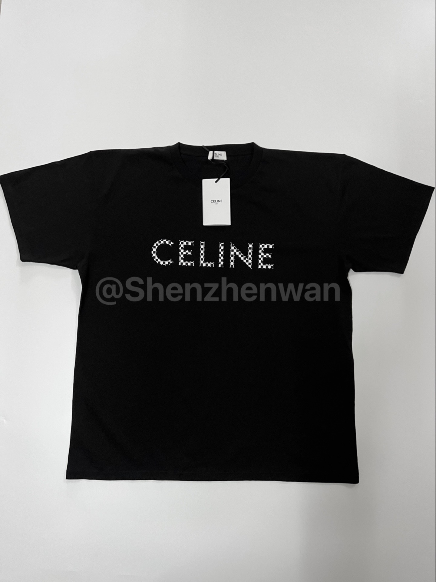 celine 赛琳 黑白棋盘格铆钉字母短袖t恤黑色