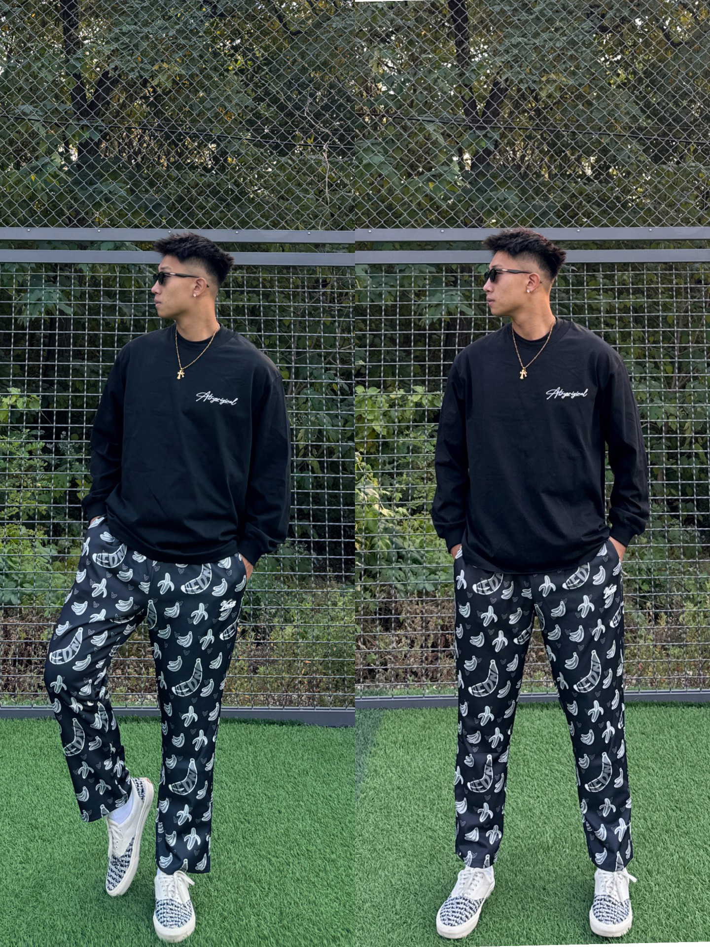 嘿嘿,咱就是说虽然裤子有点花🌺
但是配上简约的上衣后👕
相互