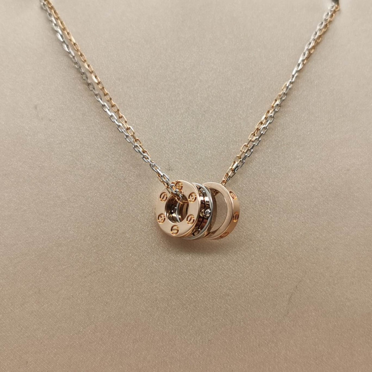 卡地亚 love项链 18k玫瑰金 18k白金 钻石 三小圆环 项链