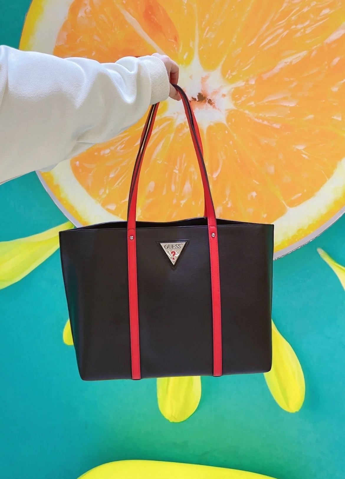 custom review-GUESS Сумка из ПУ (полиуретана) с цветной отделкой Тоут сумка Сумка для покупок Сумка через плечо Обычная Женская Многоцветная