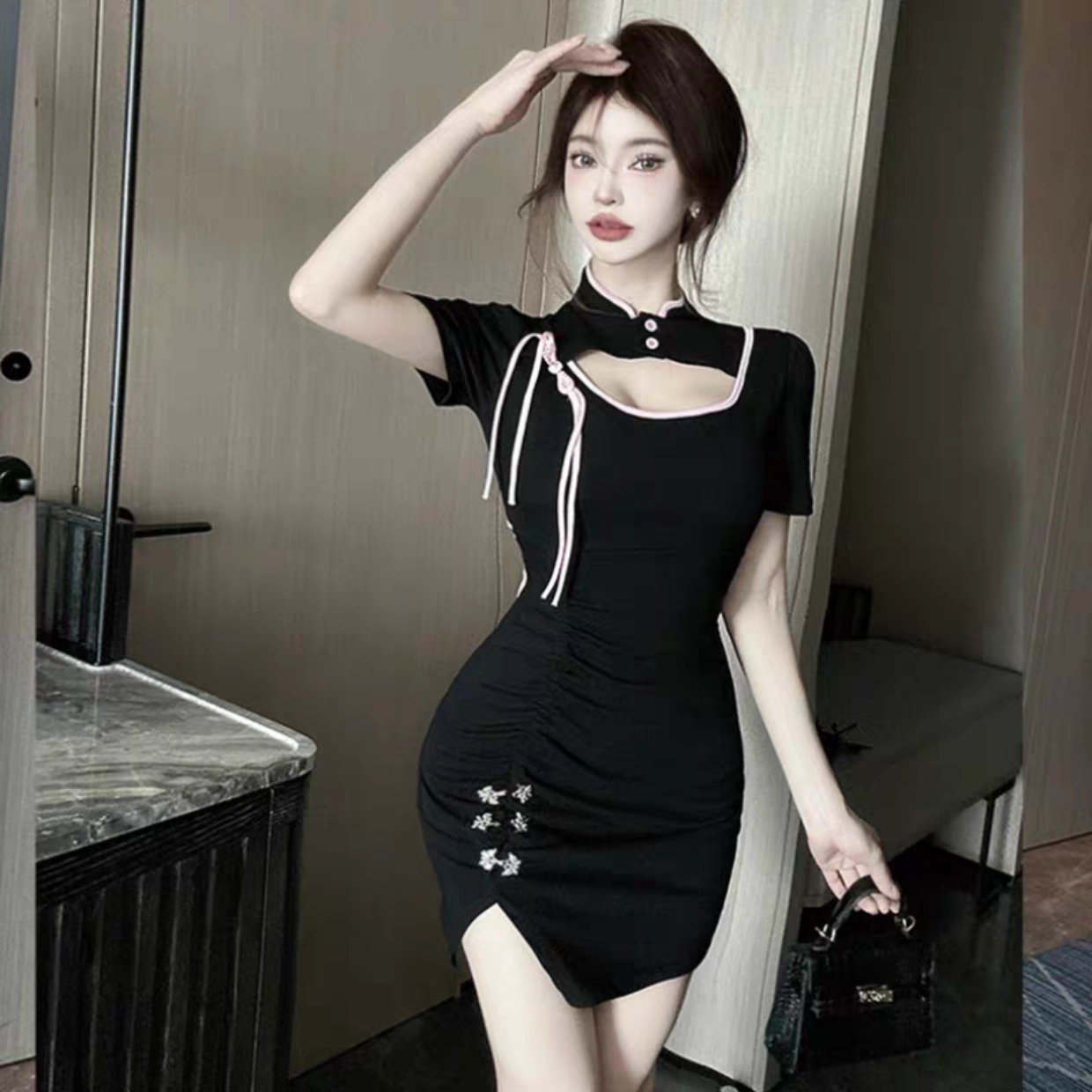 直播衣服女主播夜店女装气质性感黑色旗袍连衣裙