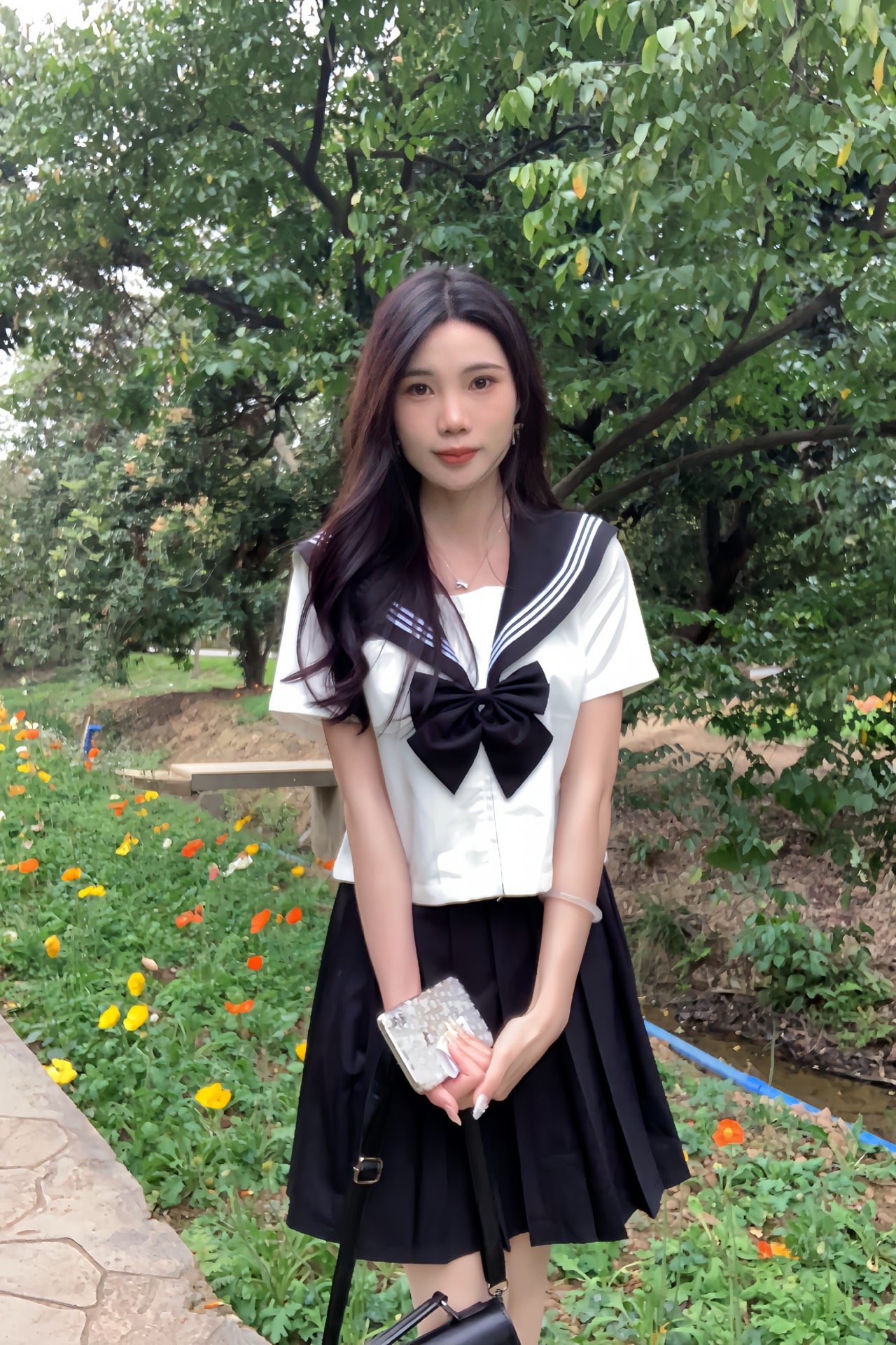 也好好看 花山家的猫 关东襟绀领白三本中间服水手服纯色百褶裙jk制服