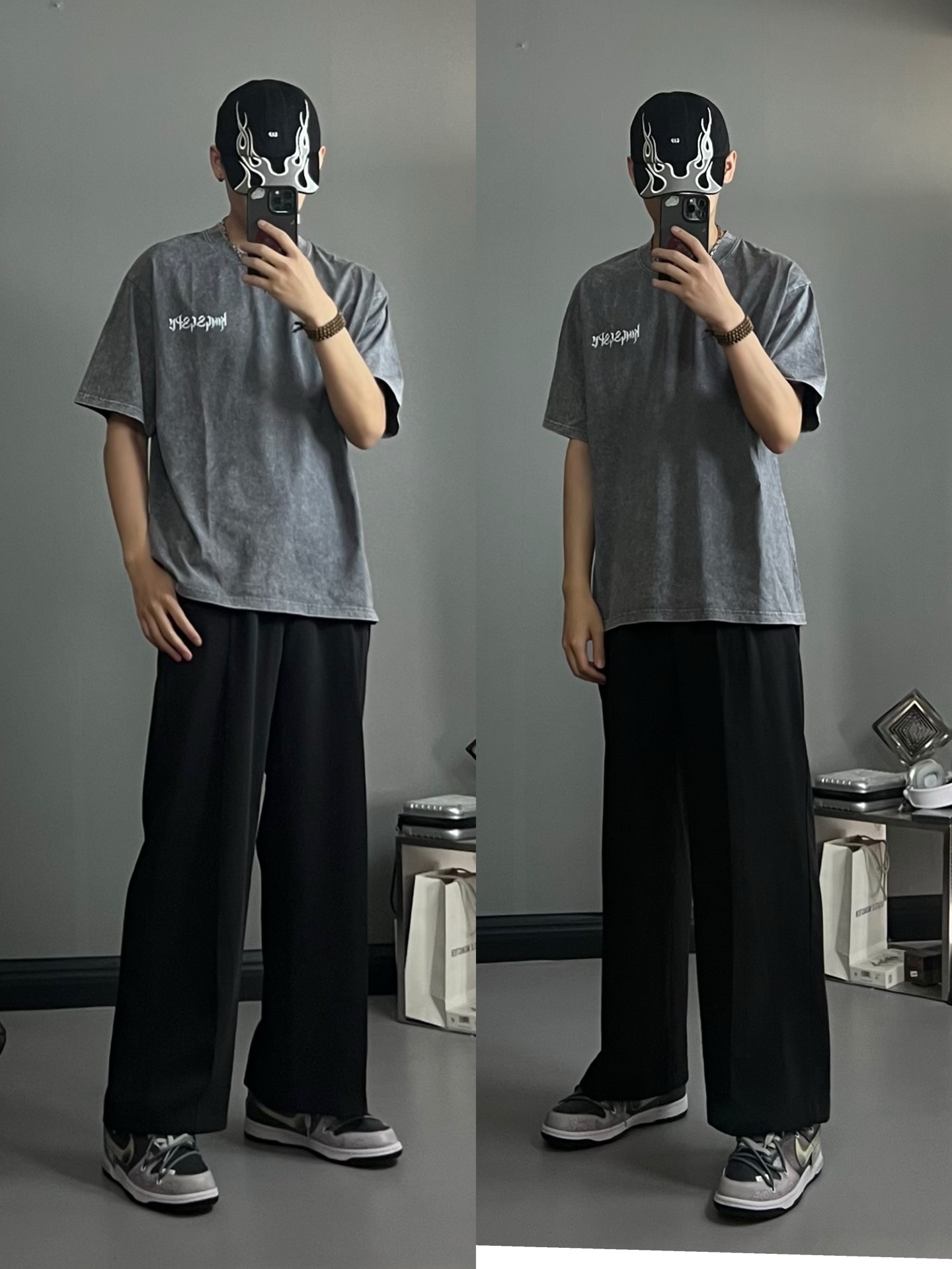 男大180美式复古风t恤灰色搭配