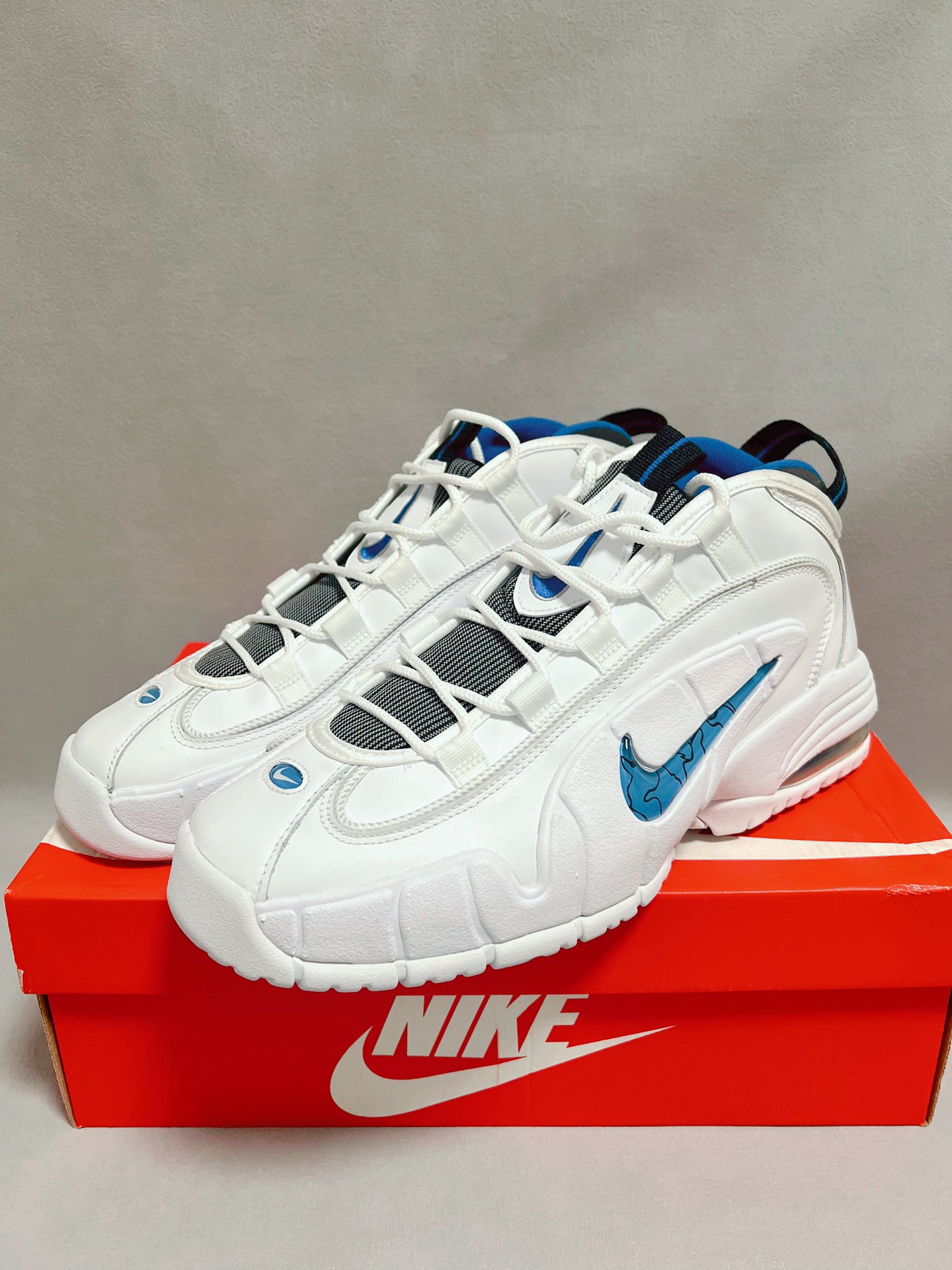 custom review-Nike Air Max Penny Дом Abrasion Resistant MID Топ Винтажные баскетбольные кроссовки Мужской Белый Синий