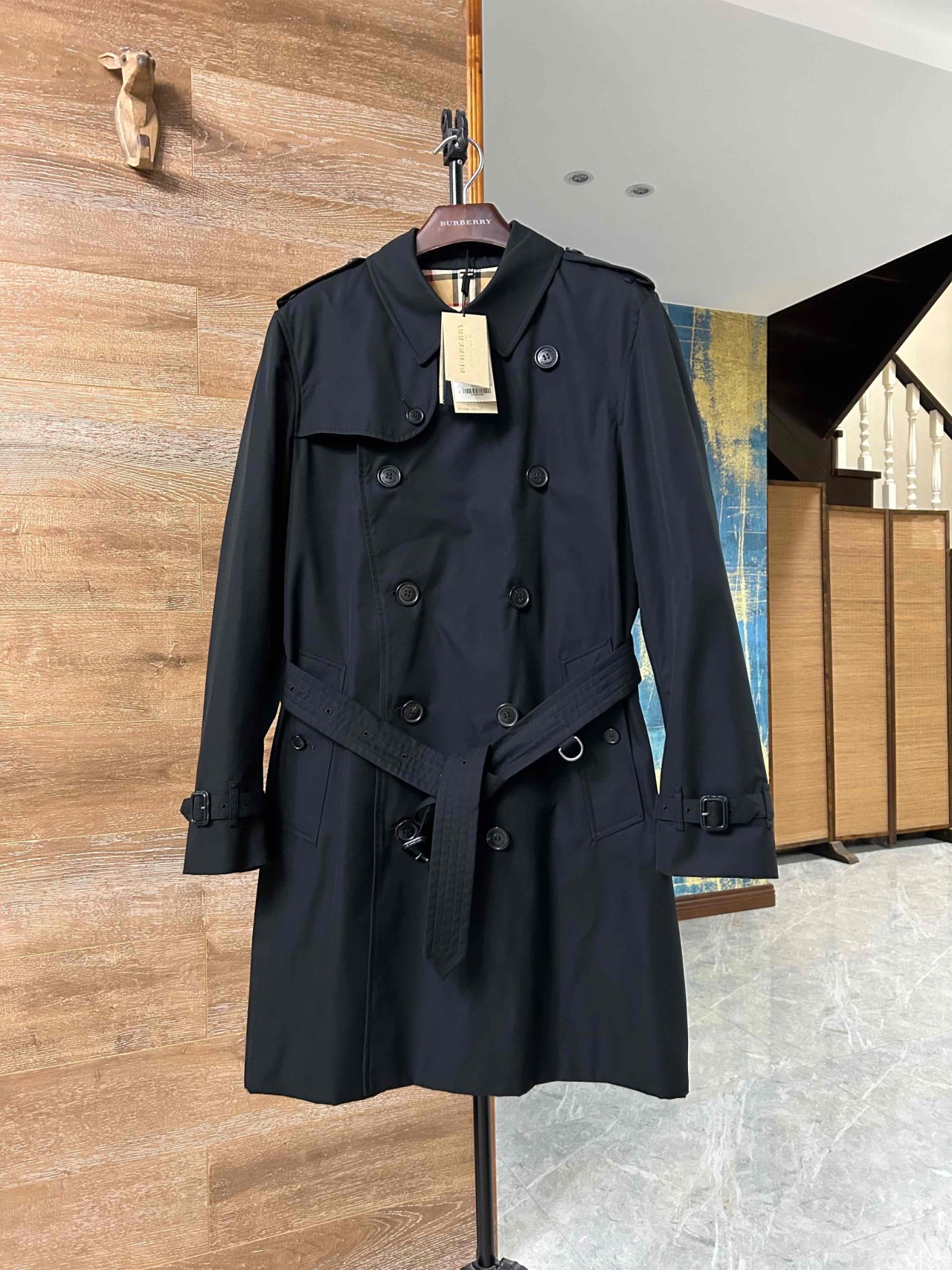 burberry/博柏利 肯辛顿休闲宽松排扣大衣外套 黑色