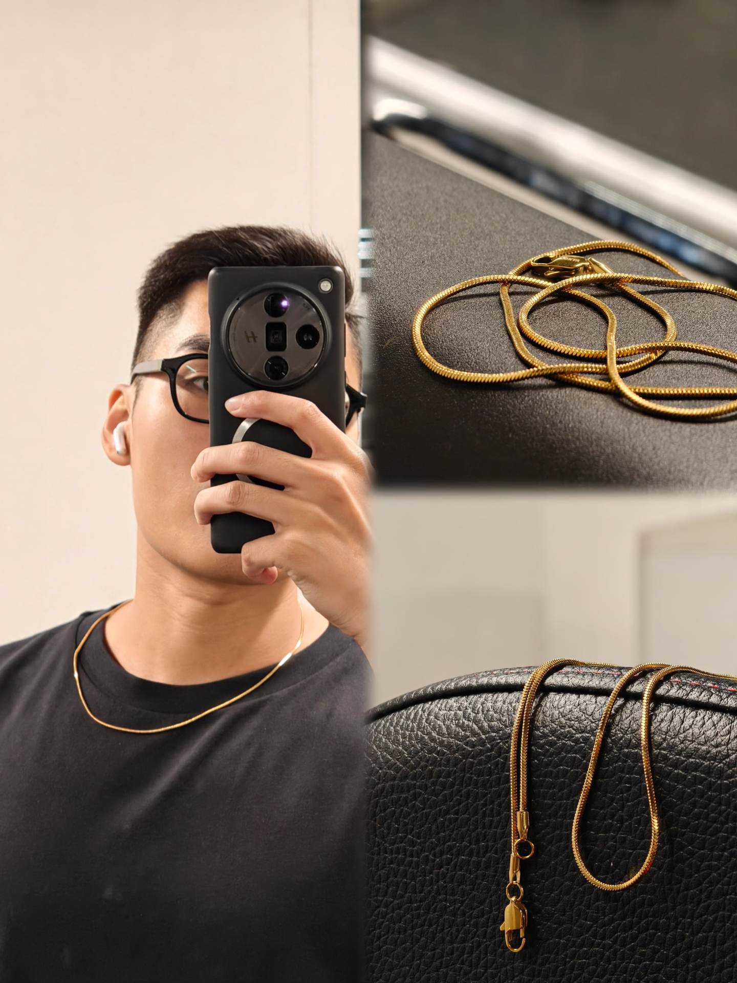 黑皮戴金项链,简单又不失精致