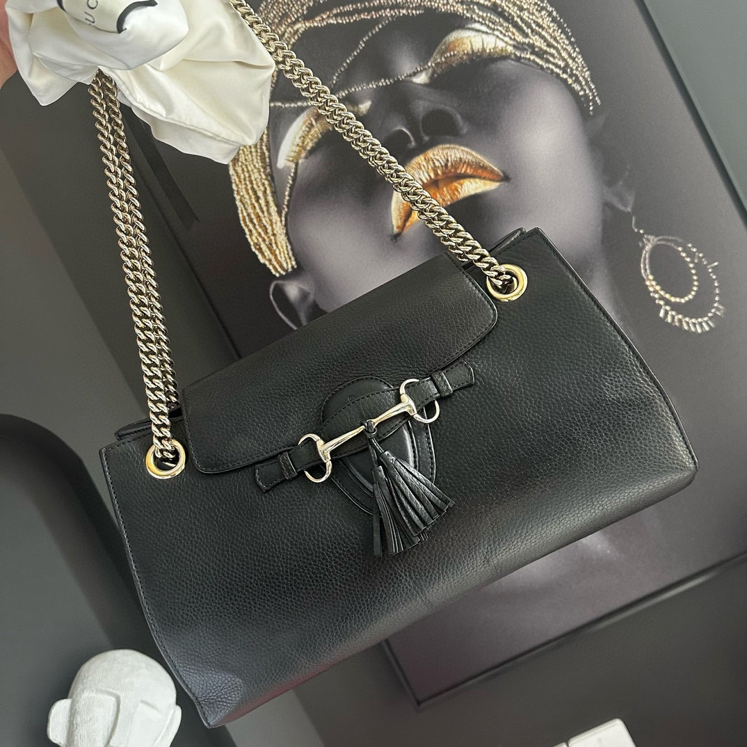 gucci emily 流苏马衔扣黑金链条单肩包