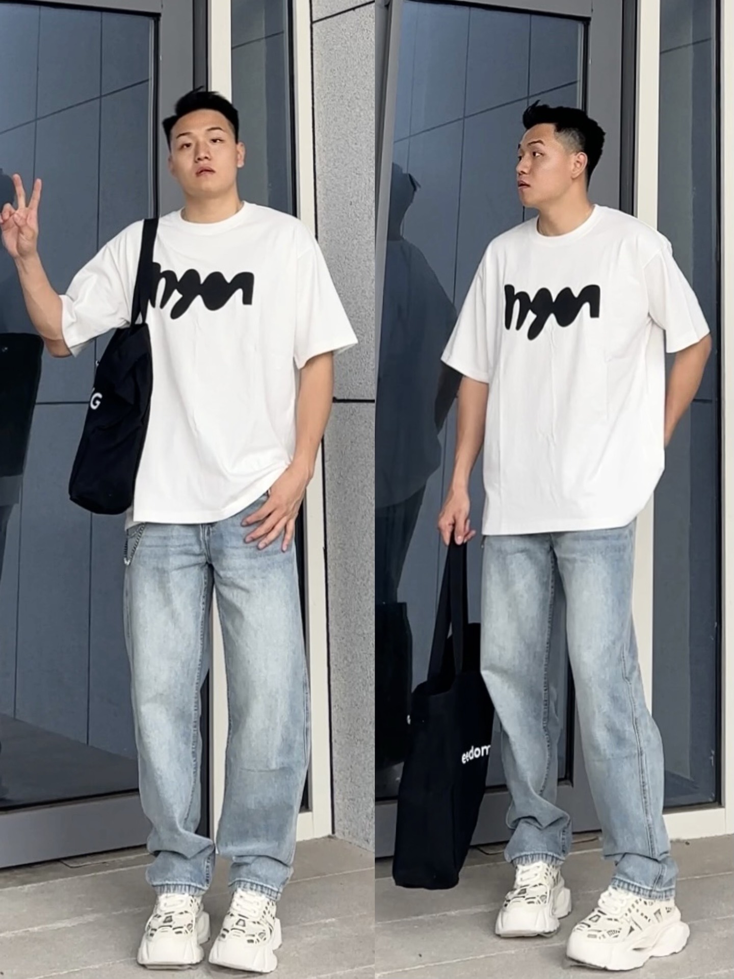 ootd男生穿搭|美式ins风短袖➕浅蓝色牛仔裤➕银白机甲鞋!