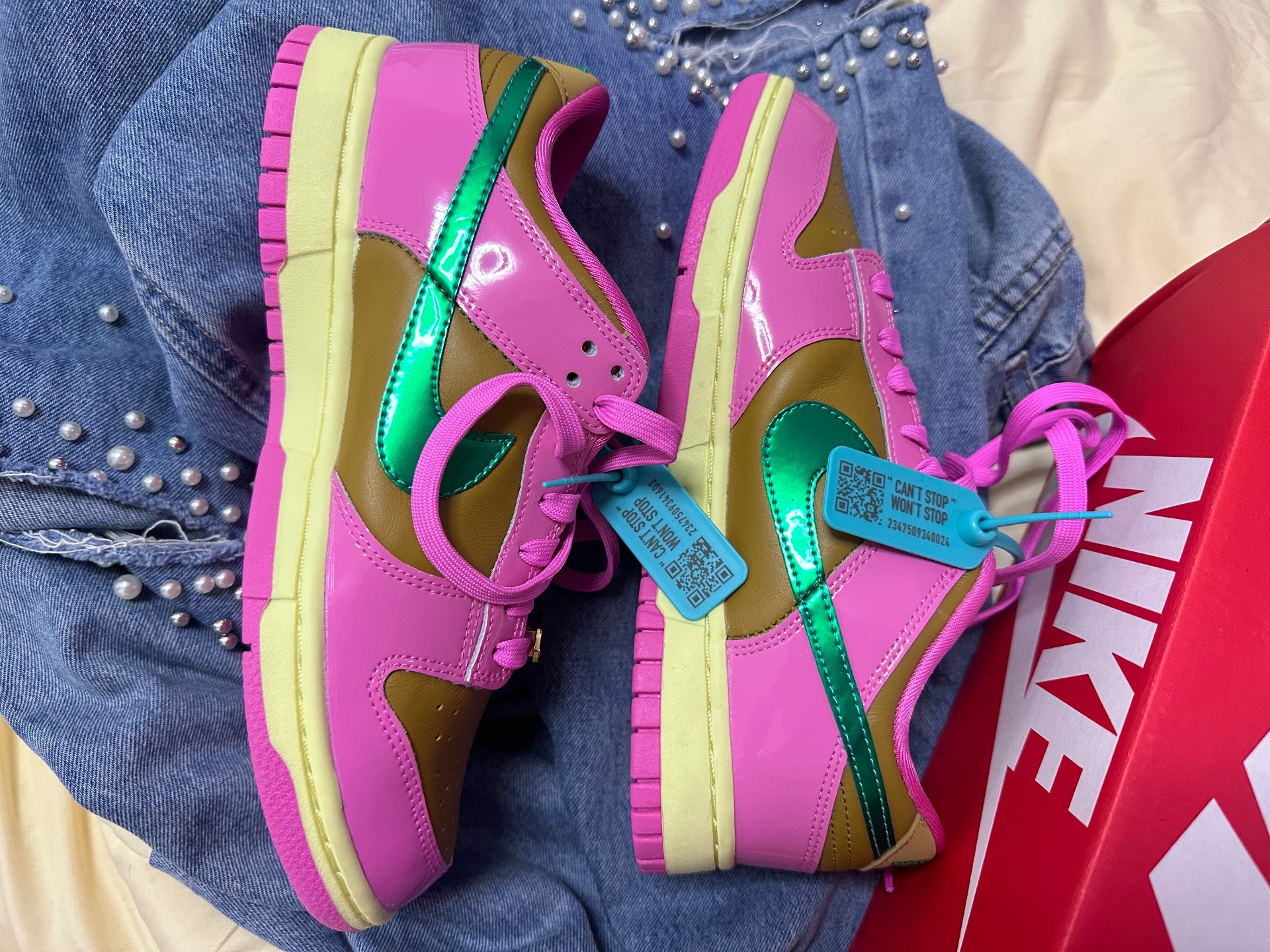 custom review-PARRIS GOEBEL x Nike Dunk QS Амортизация Износостойкий Низкий Топ Скейтборд Кроссовки Женские Розовый Зеленый Желтый