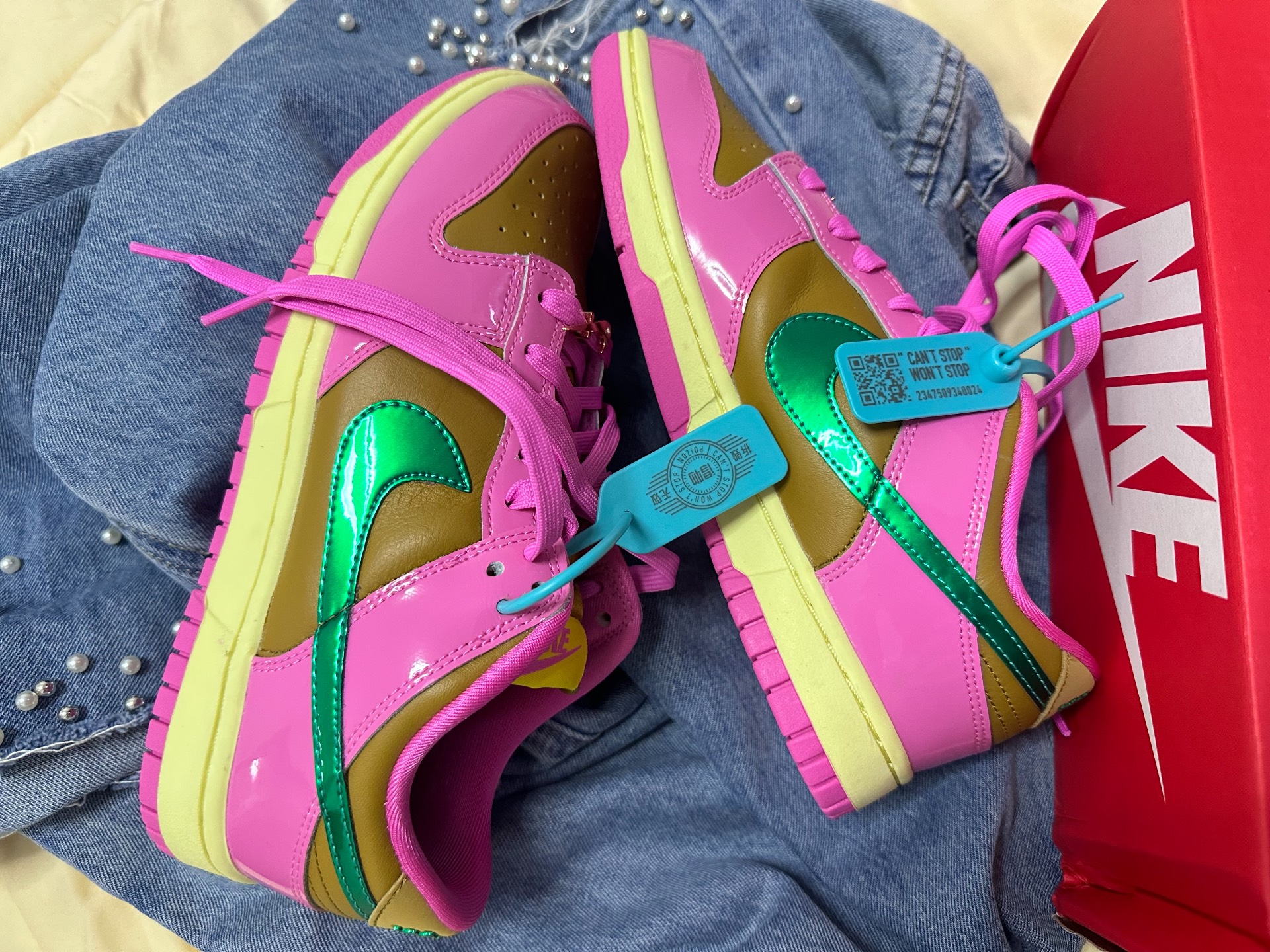 custom review-PARRIS GOEBEL x Nike Dunk QS Амортизация Износостойкий Низкий Топ Скейтборд Кроссовки Женские Розовый Зеленый Желтый