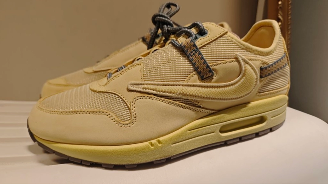 custom review-Travis Scott x Nike Air Max 1 Аbrasion Resistant Низкий Топ Повседневные Беговые кроссовки Унисекс Saturn Gold