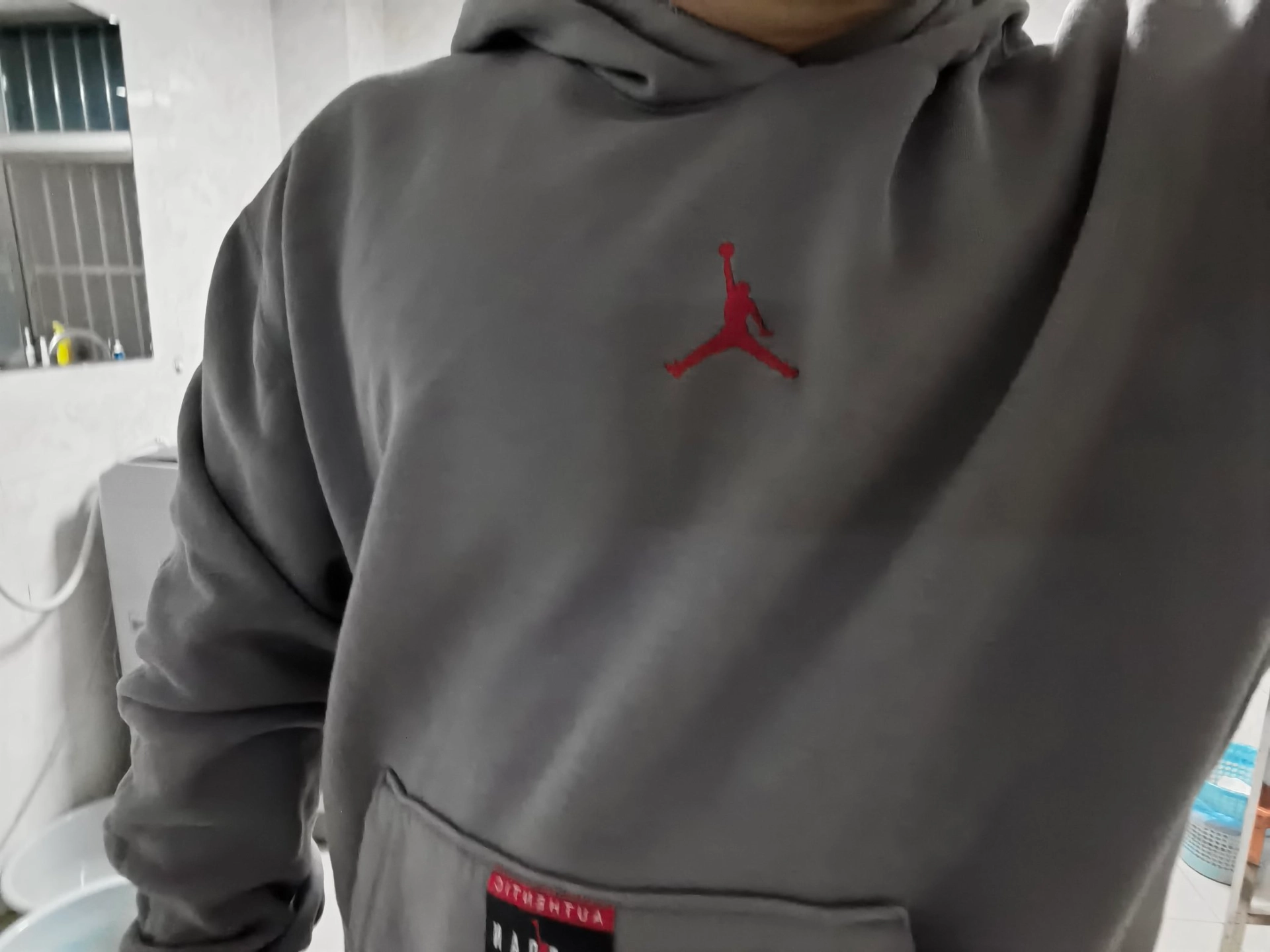 custom review-Jordan Brooklyn Fleece Свитшот Мужской Асфальтовый Серый Фитнес Красный