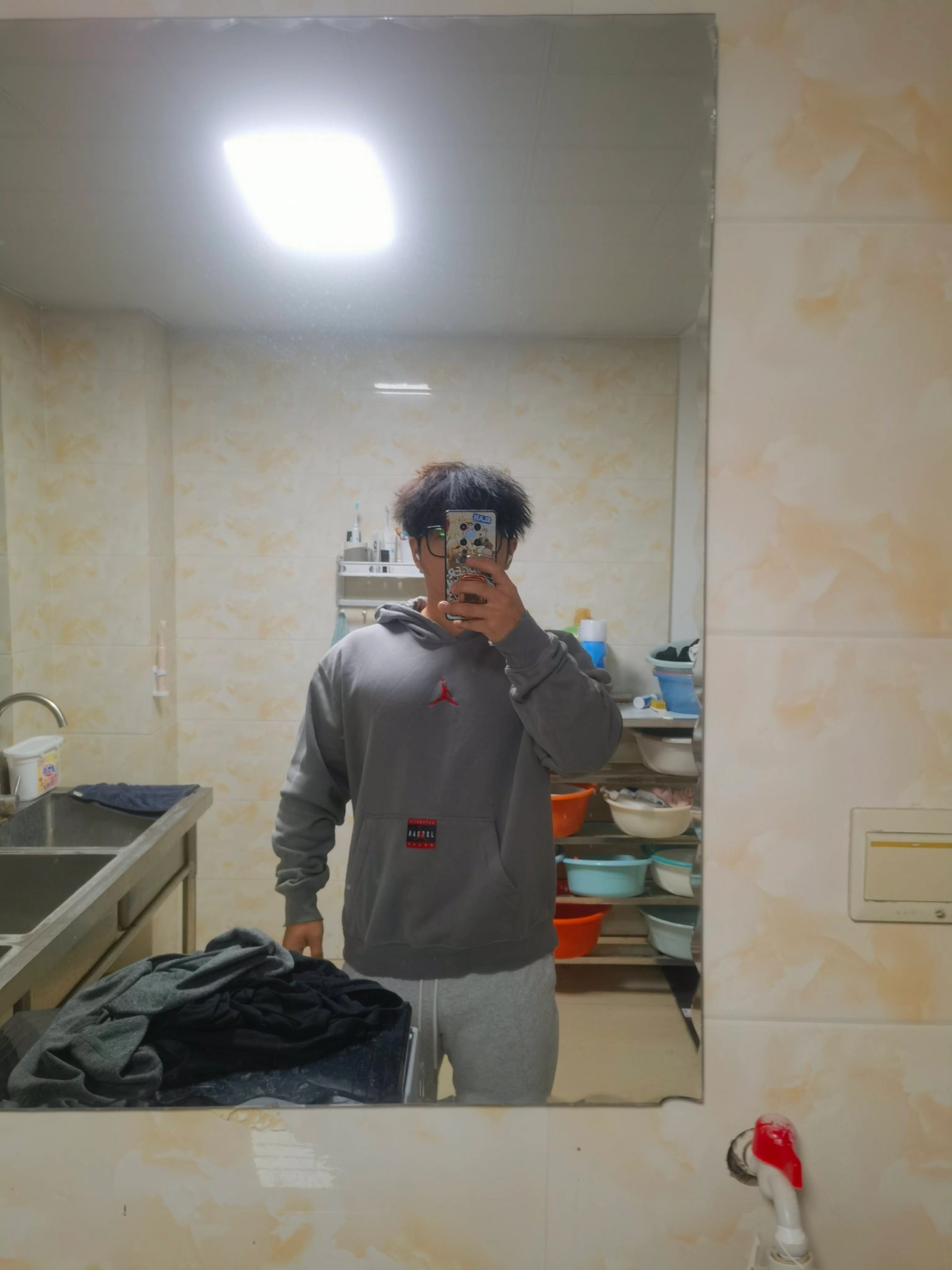 custom review-Jordan Brooklyn Fleece Свитшот Мужской Асфальтовый Серый Фитнес Красный