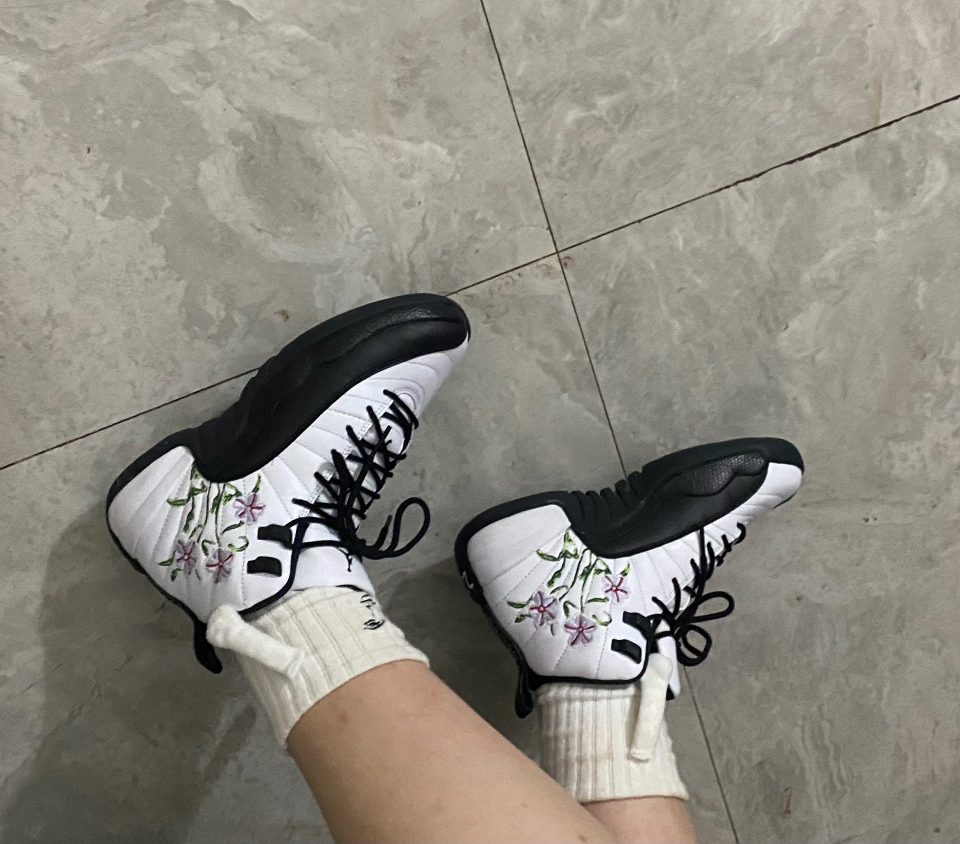 custom review-Jordan Air Джордан 12 Цветочный Износостойкий Высокий Топ Детские Баскетбольные Кроссовки Черный Белый