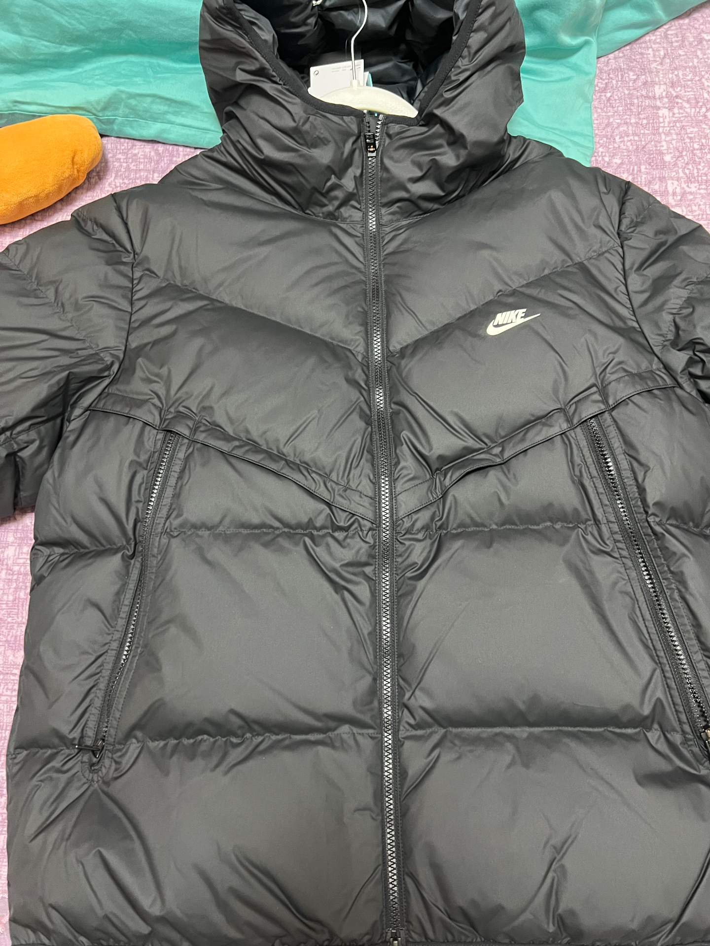 custom review-Nike Men's Logo Print Zip-Up Pocket Hooded Down Jacket Black