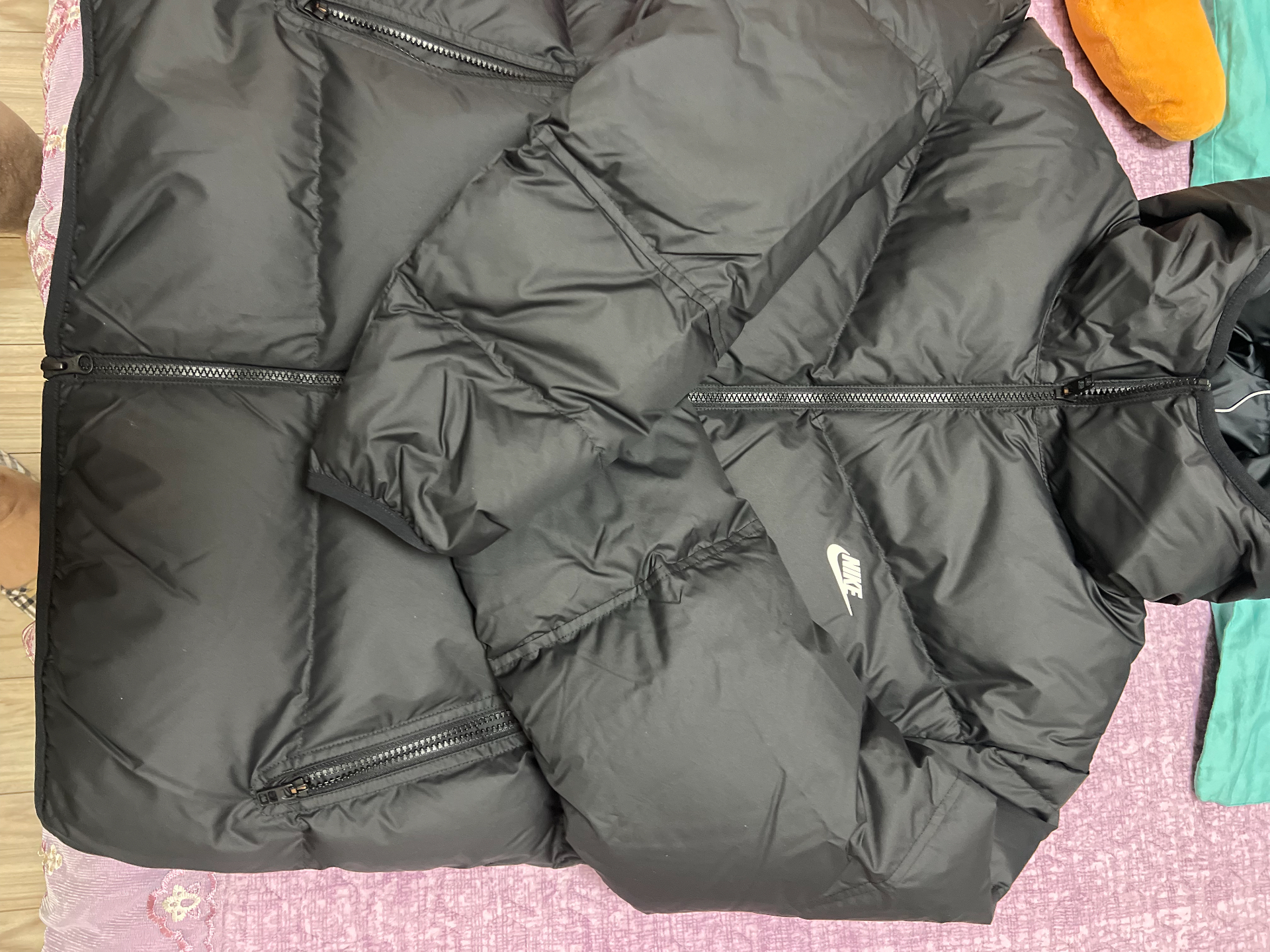 custom review-Nike Men's Logo Print Zip-Up Pocket Hooded Down Jacket Black