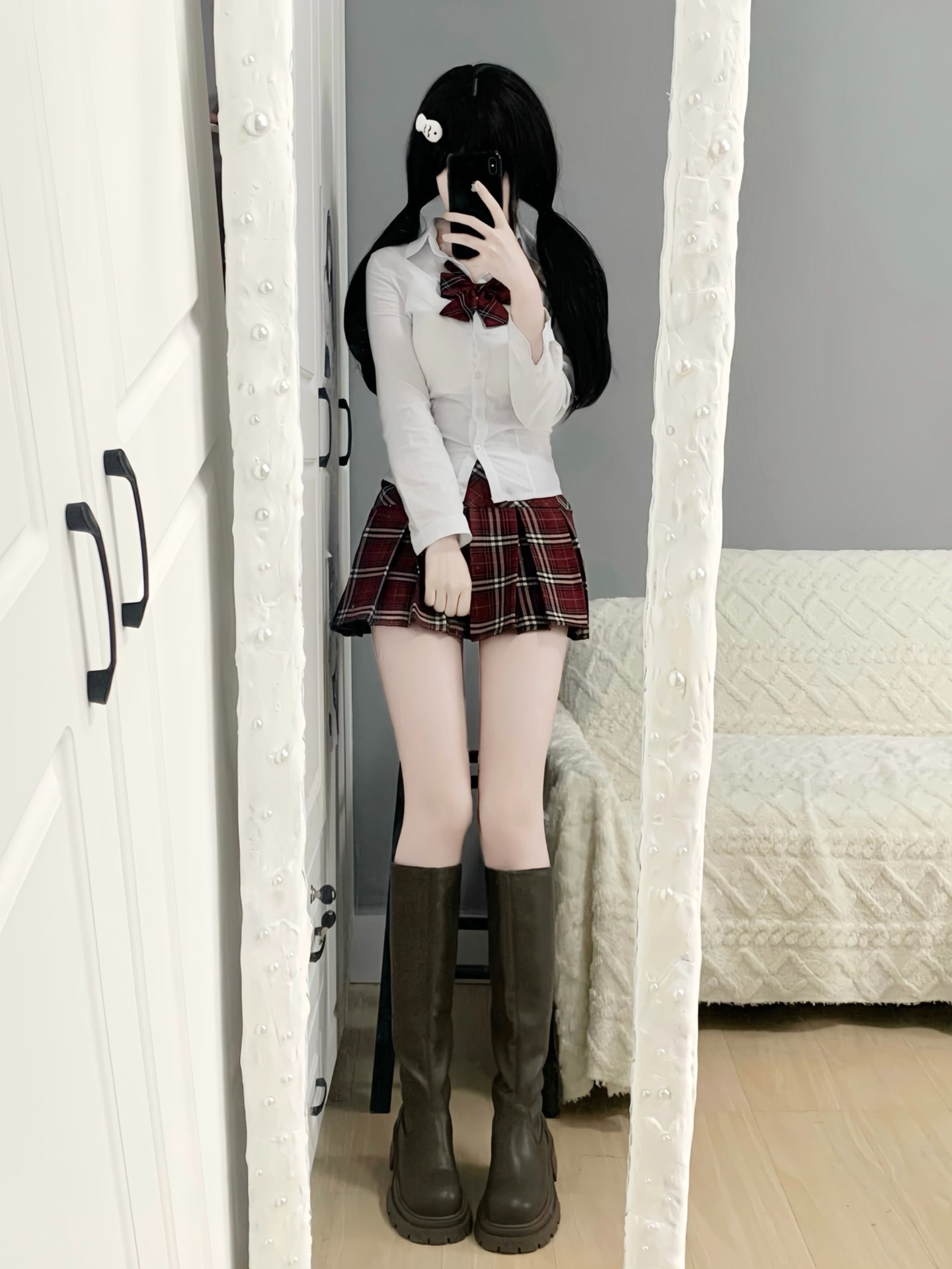 今日份jk女孩穿搭来喽  双马尾好可爱 红格裙jk搭 #elle 长靴 不得不