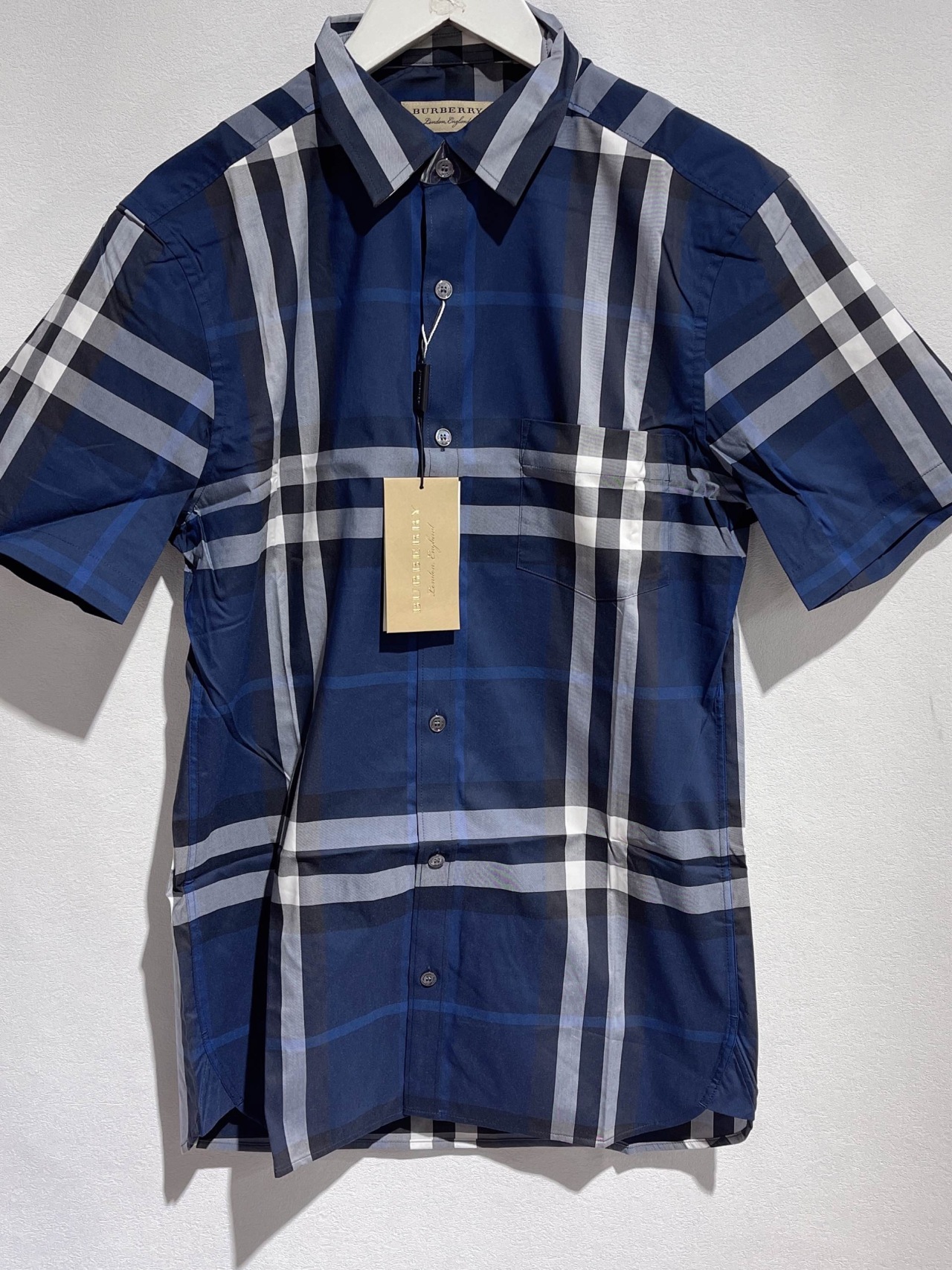 经典格纹棉质短袖衬衫 男款 深蓝色 「衬衫」 burberry巴宝莉格纹深