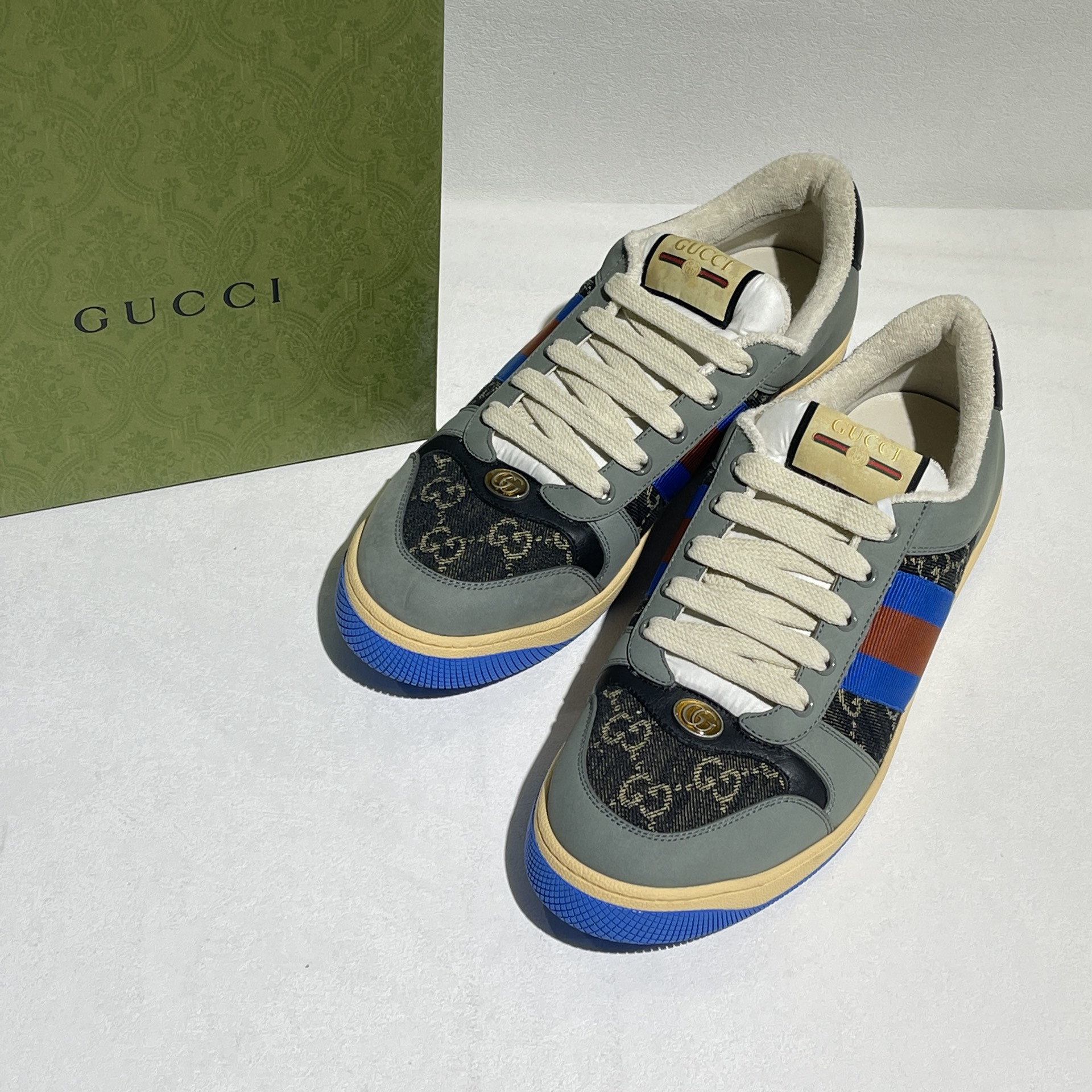 gucci古驰 screener 帆布皮革 双g低帮 时尚板鞋 男款 黑灰色