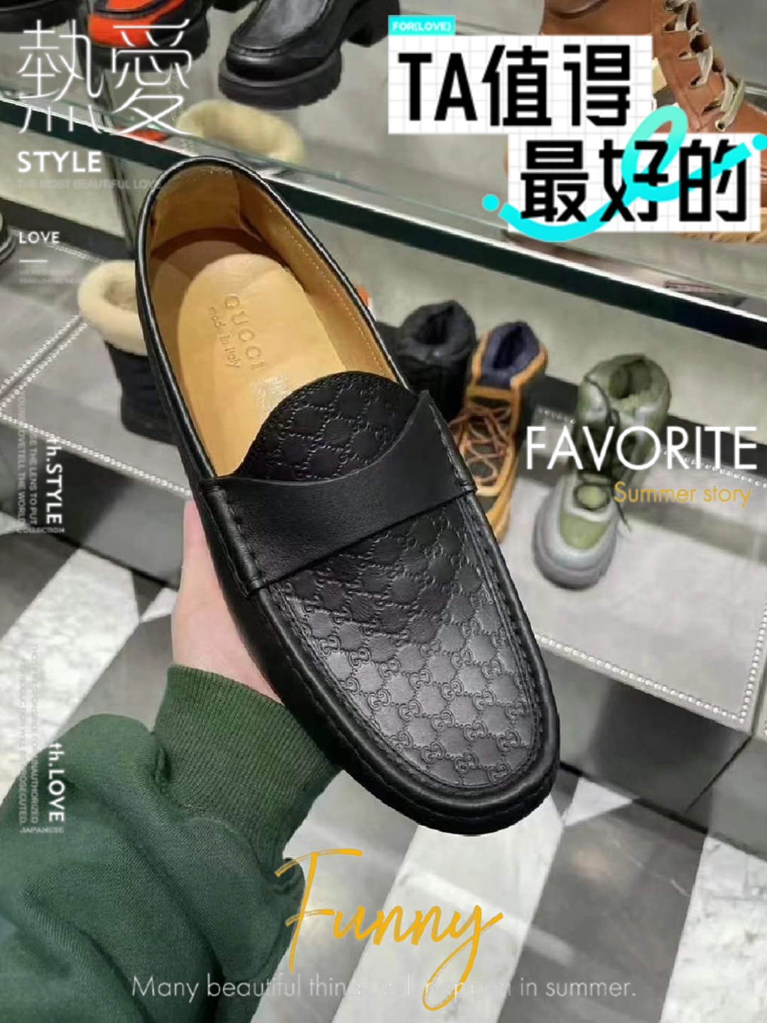 gucci古驰经典款男士黑色压纹牛皮休闲皮鞋