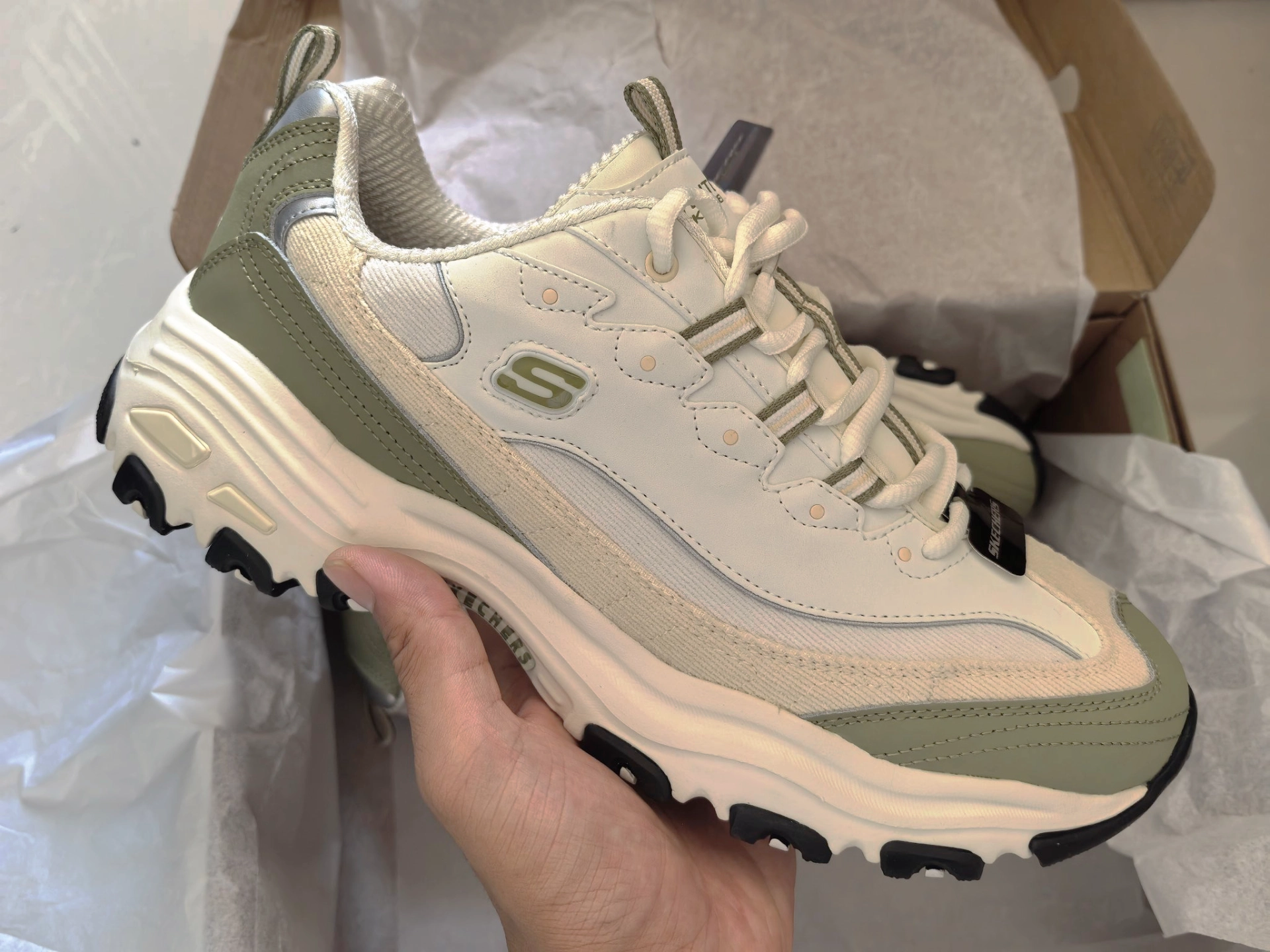 custom review-Skechers D'LITES 1,0 Амортизация Рекомендуемый рост Увеличение Низкий Топ Толстая подошва Кроссовки Мужские Белый Зеленый