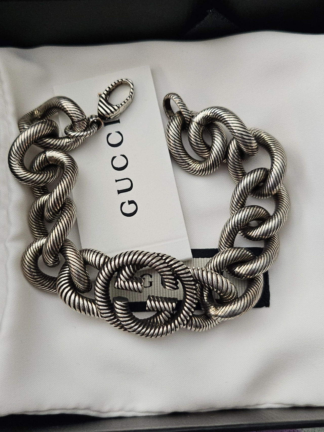 gucci 双g 条纹纯银手链19cm
