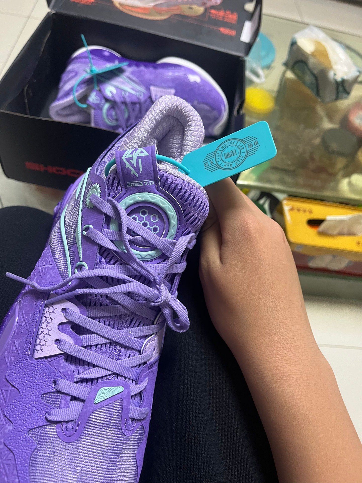 custom review-ANTA Shock Wave 5 Баскетбольные кроссовки Низкий топ Фиолетовый Зеленый Мужской