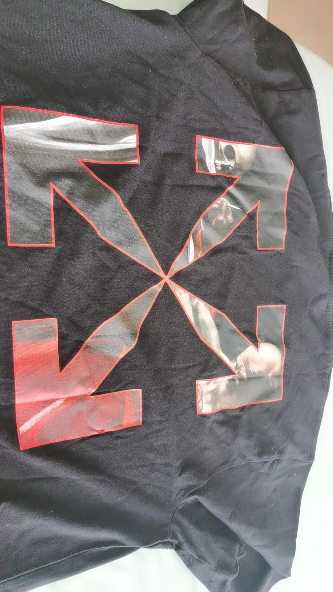 custom review-OFF-WHITE Футболка с принтом черепа и религиозным узором, мужская, черная