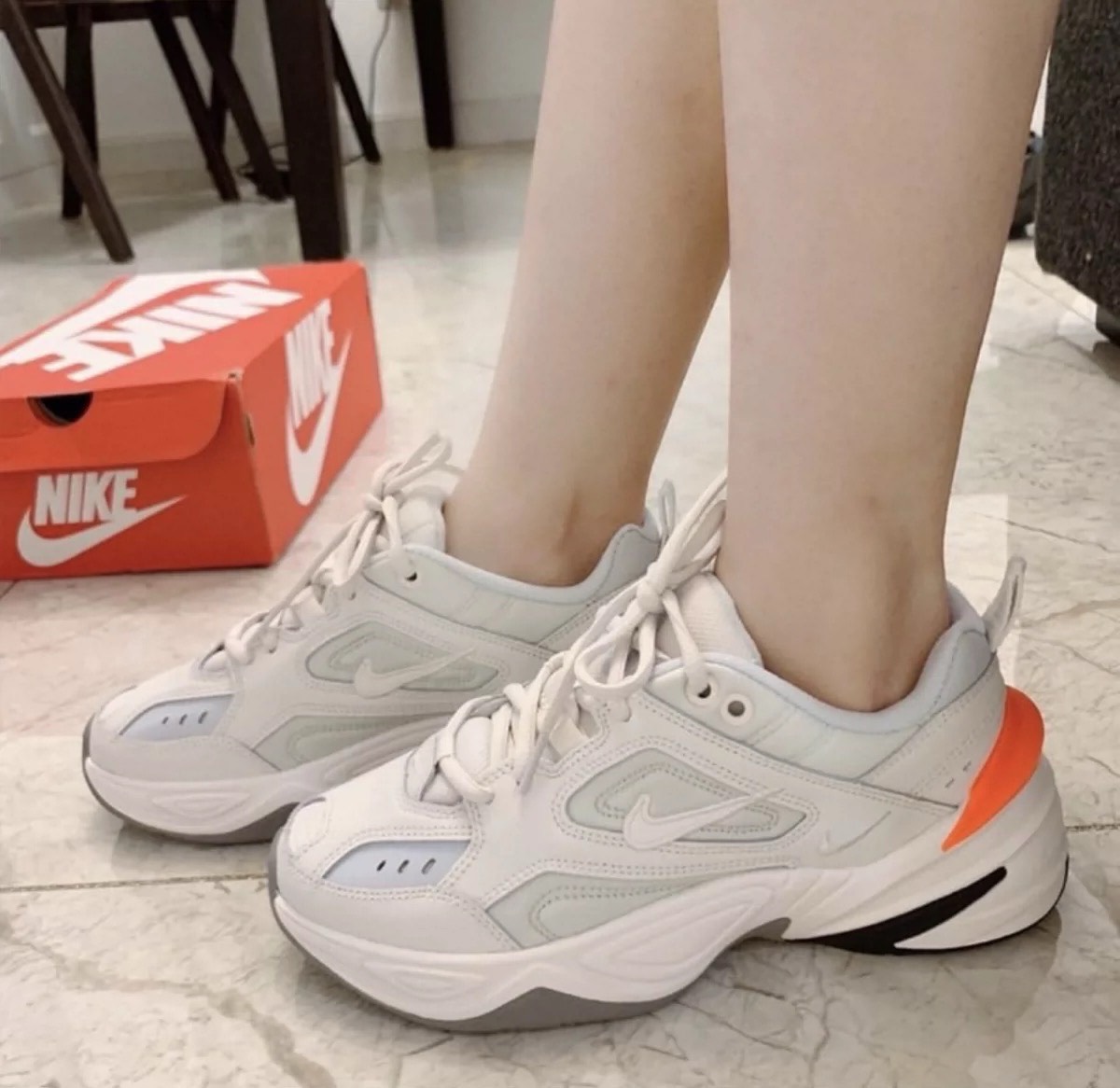 custom review-Nike M2K Tekno Low Топ Толстоподошвенные кроссовки Женские Белые Апельсиновые