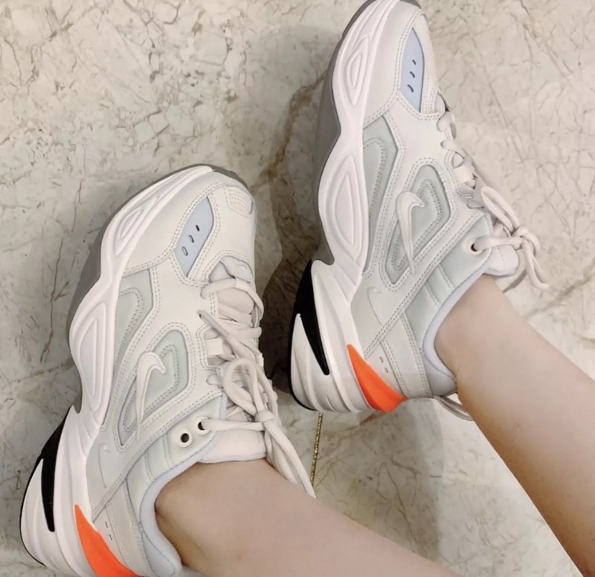 custom review-Nike M2K Tekno Low Топ Толстоподошвенные кроссовки Женские Белые Апельсиновые