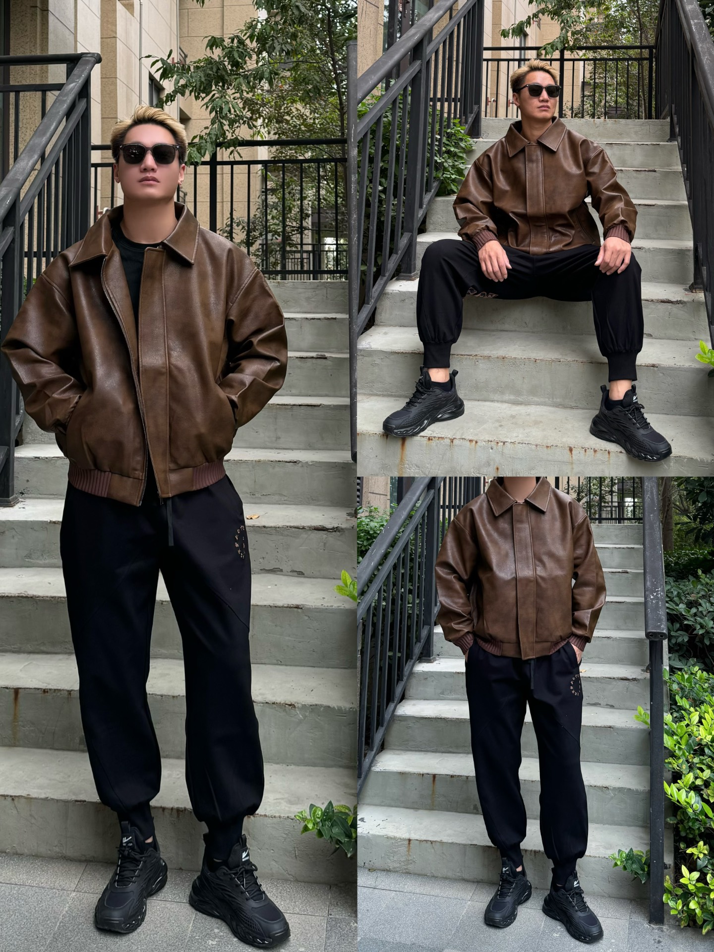 ootd男生复古棕色皮衣穿搭