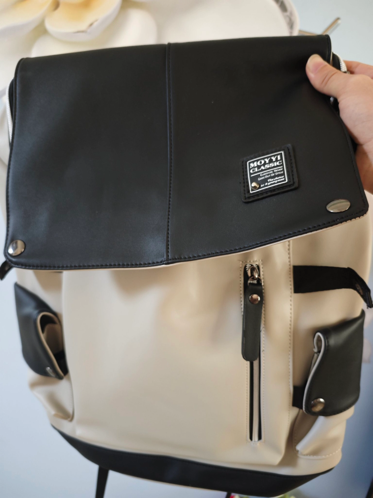 custom review-MOYYI ПВХ Кожа Мужской Рюкзак Студенческий Рюкзак Большой Унисекс Черный Белый