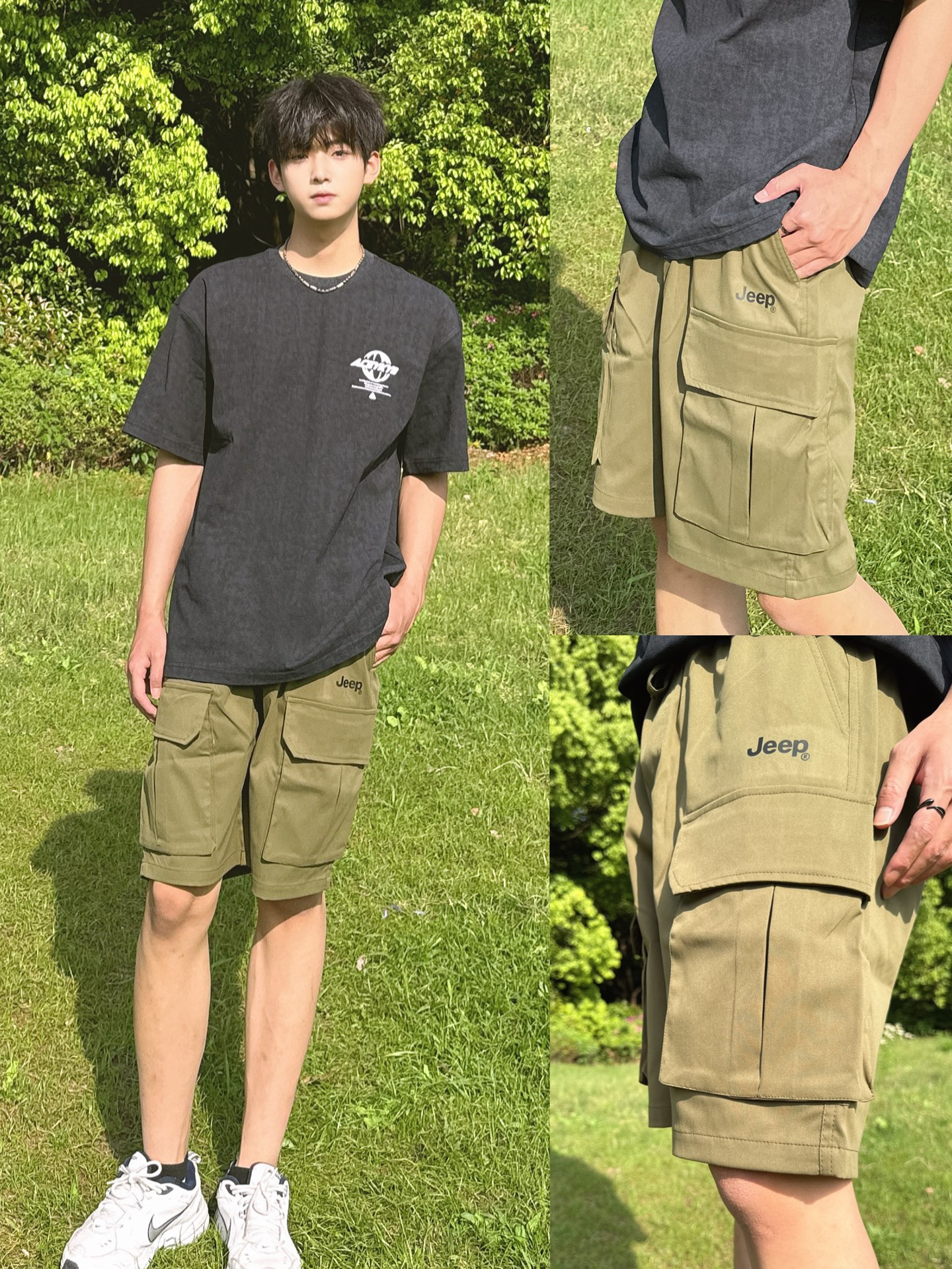 美式印花黑t 版型宽松好舒服
搭配jeep的军绿色工装短裤
帅气里带点