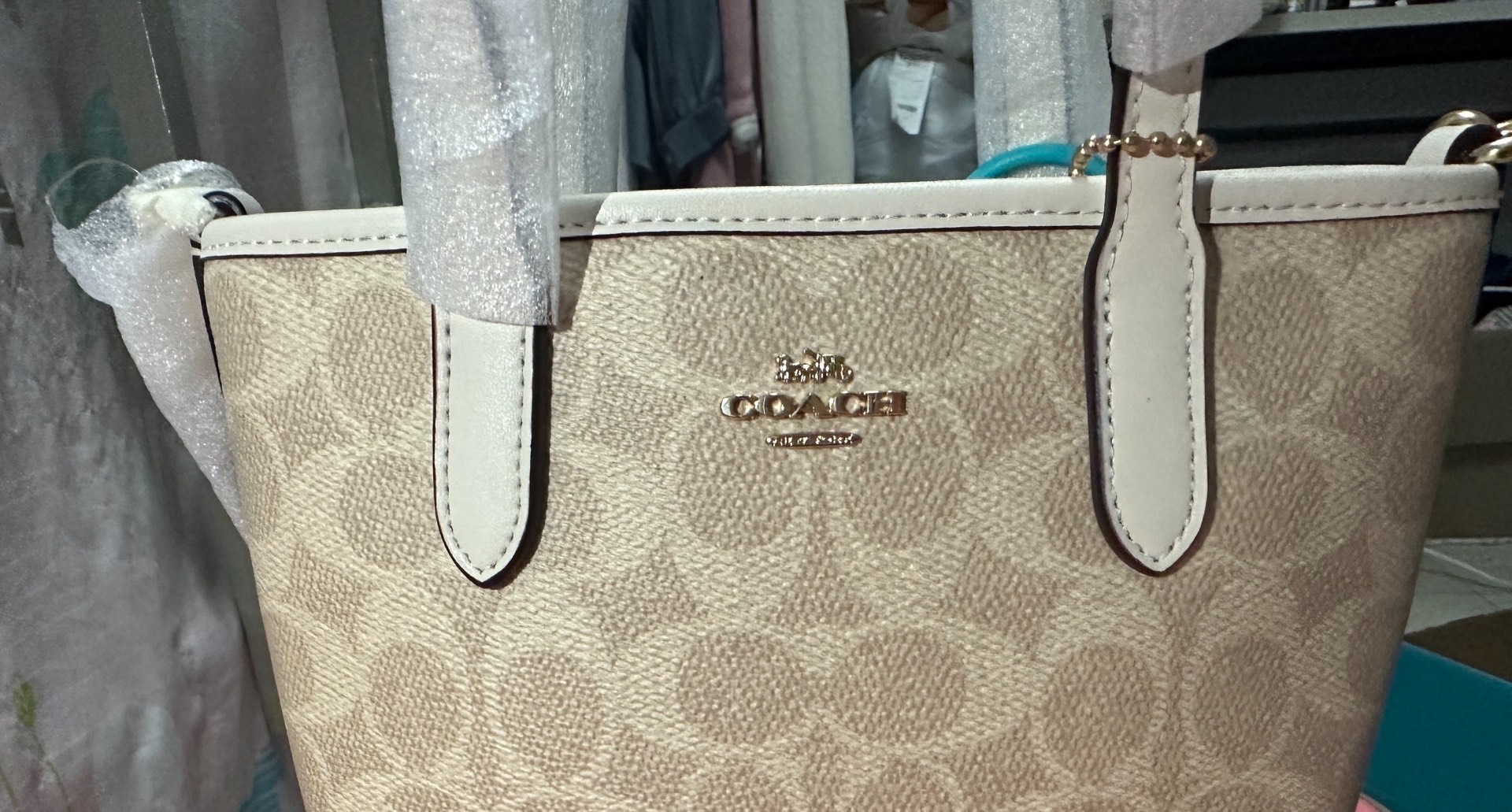 custom review-COACH Городская Сумка Tote из Покрытого Холста Сумка для покупок Сумка через плечо Сумка на одно плечо Мини Сумка для женщин Песочный Мел Белый