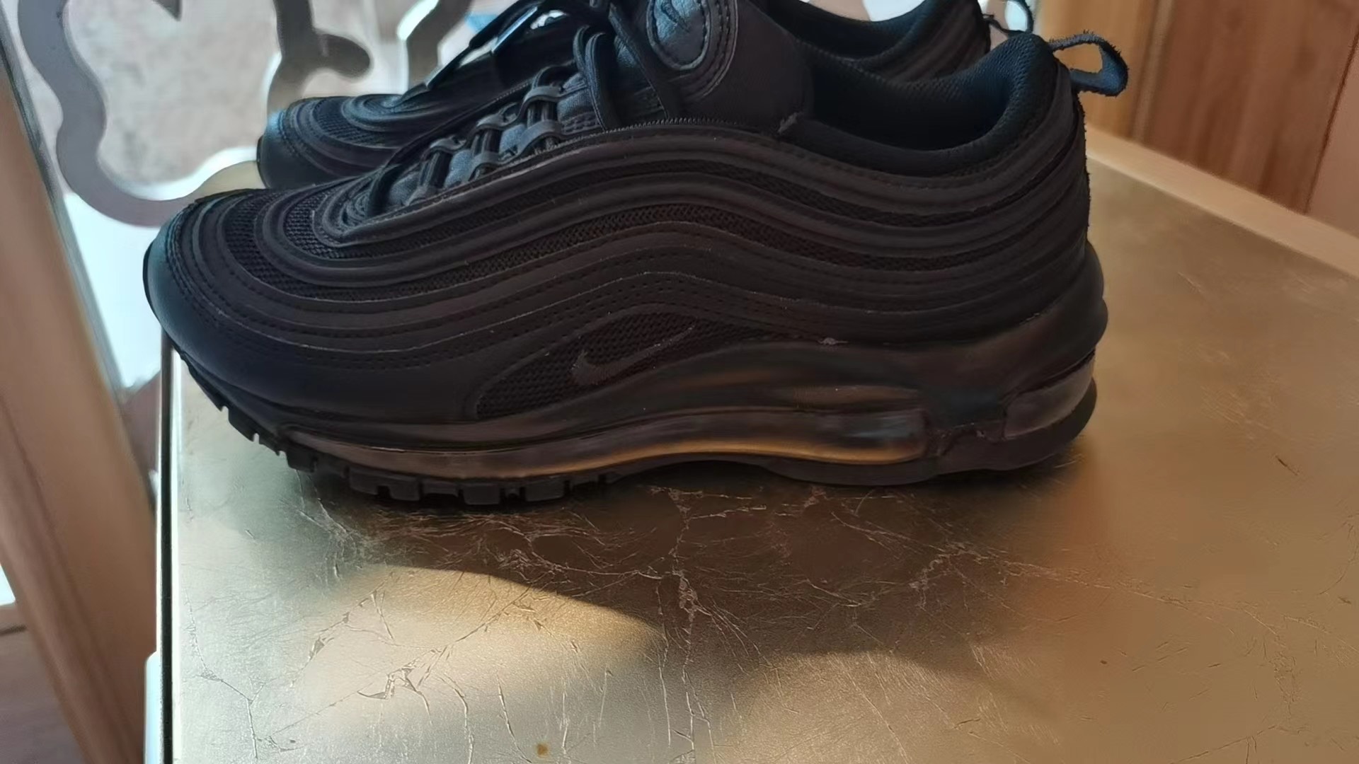 custom review-Nike Air Max 97 Устойчивый к истиранию Низкий Топ Воздушная подушка Повседневные Беговые кроссовки Женские Чисто черный Переработанный материал
