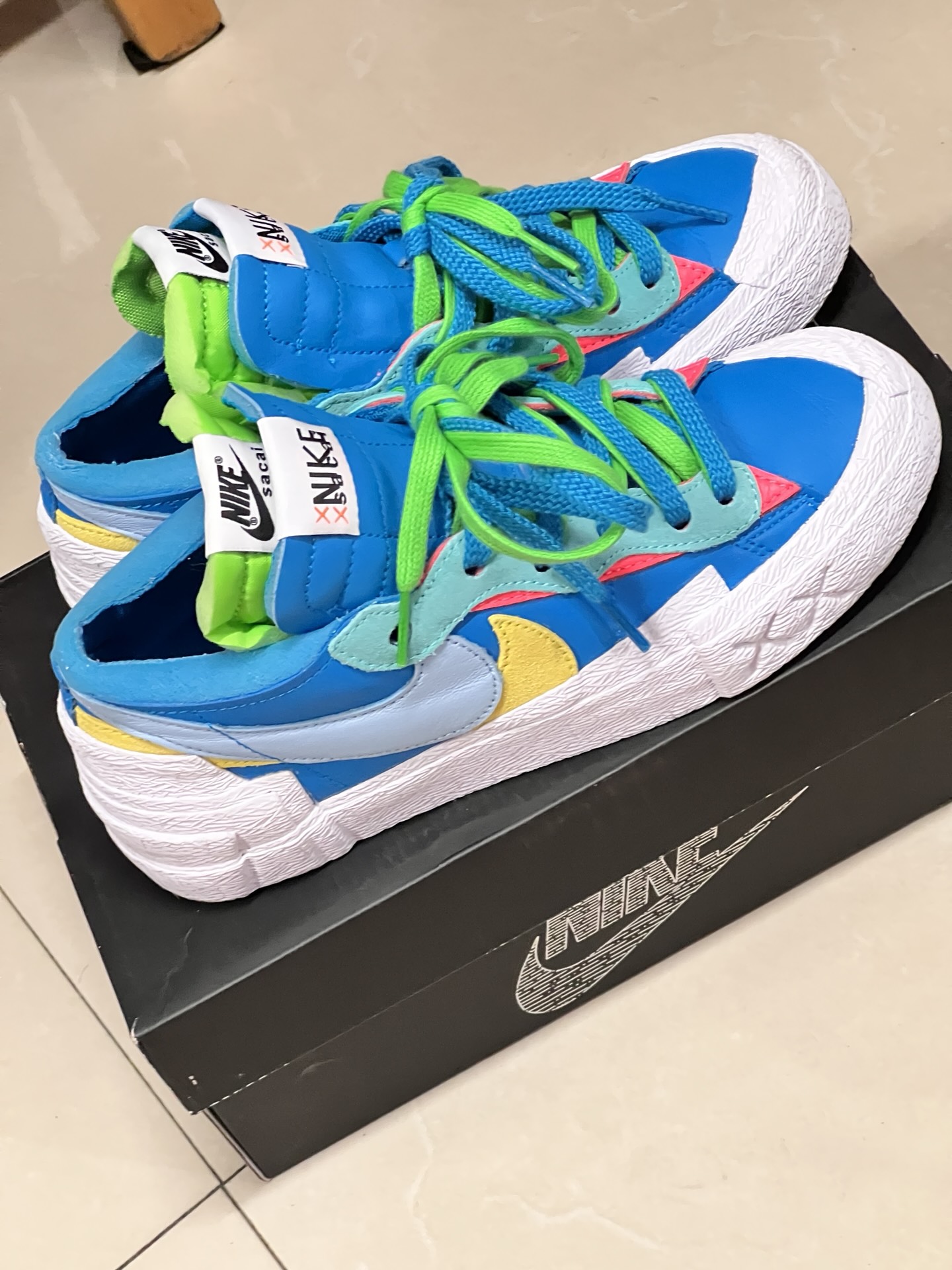 custom review-Sacai совместный бренд x KAWS x Nike Blazer 'Neptune Blue' Низкие Скейтборд Кроссовки Унисекс Синий