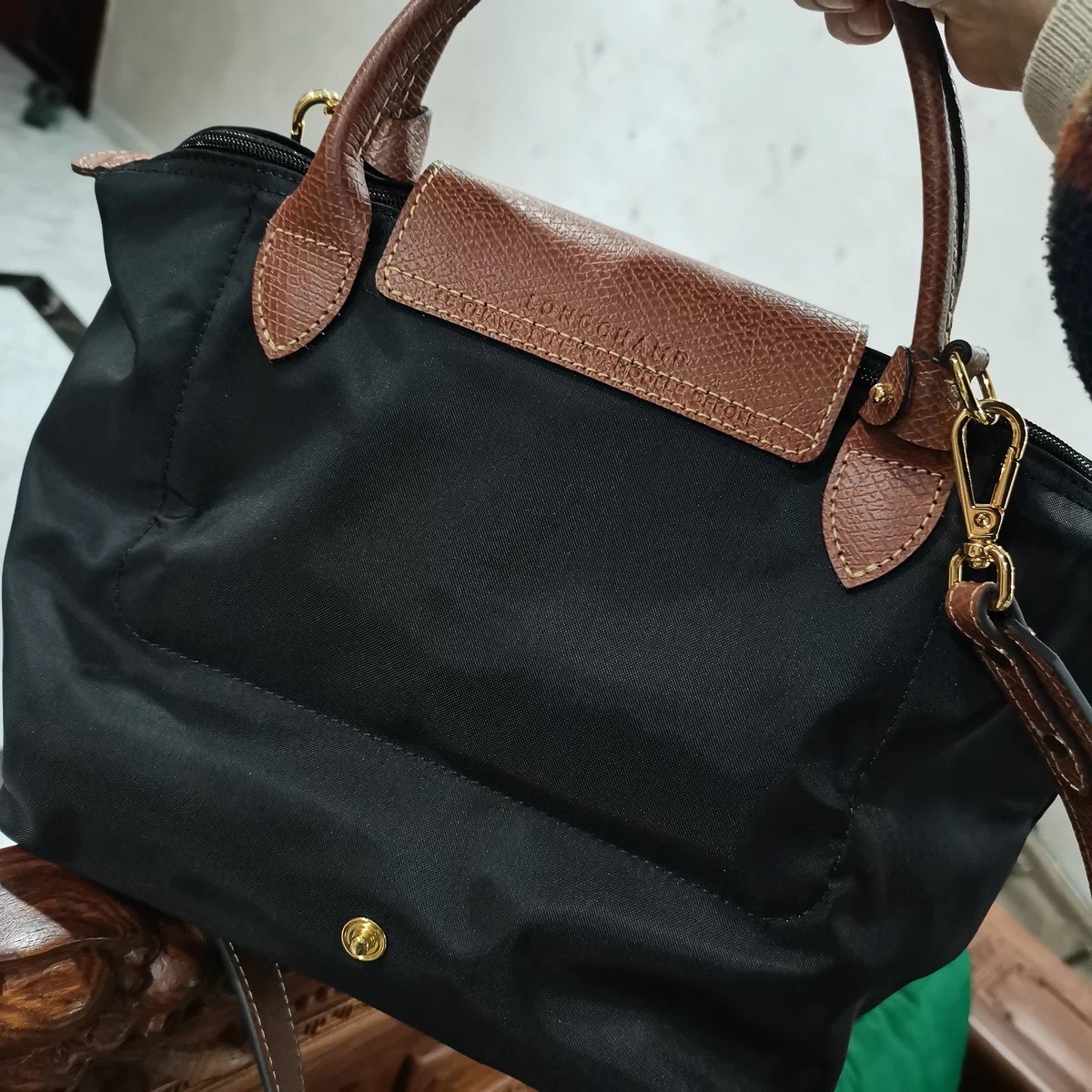 custom review-LONGCHAMP Le Pliage Переработанный холст с кожей Комбинированная сумка-пельмени Клатч Сумка Мини Женская Черная