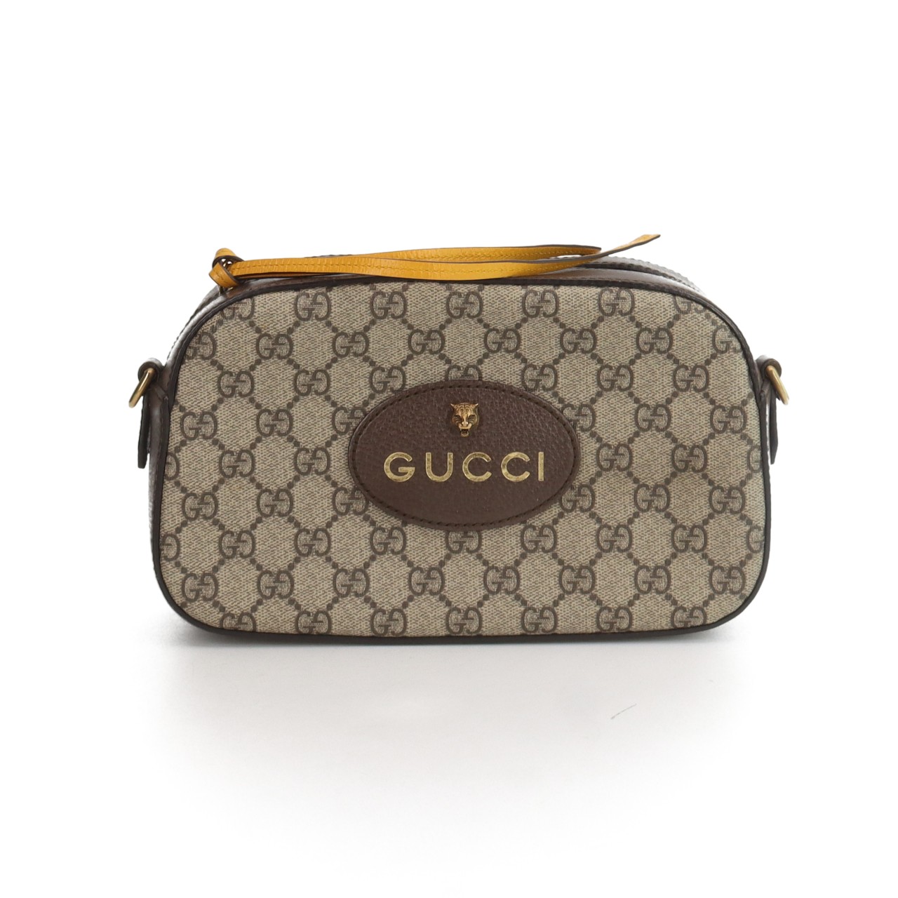 出98新gucci古驰 老花logo条纹织带肩带帆布拼皮相机包