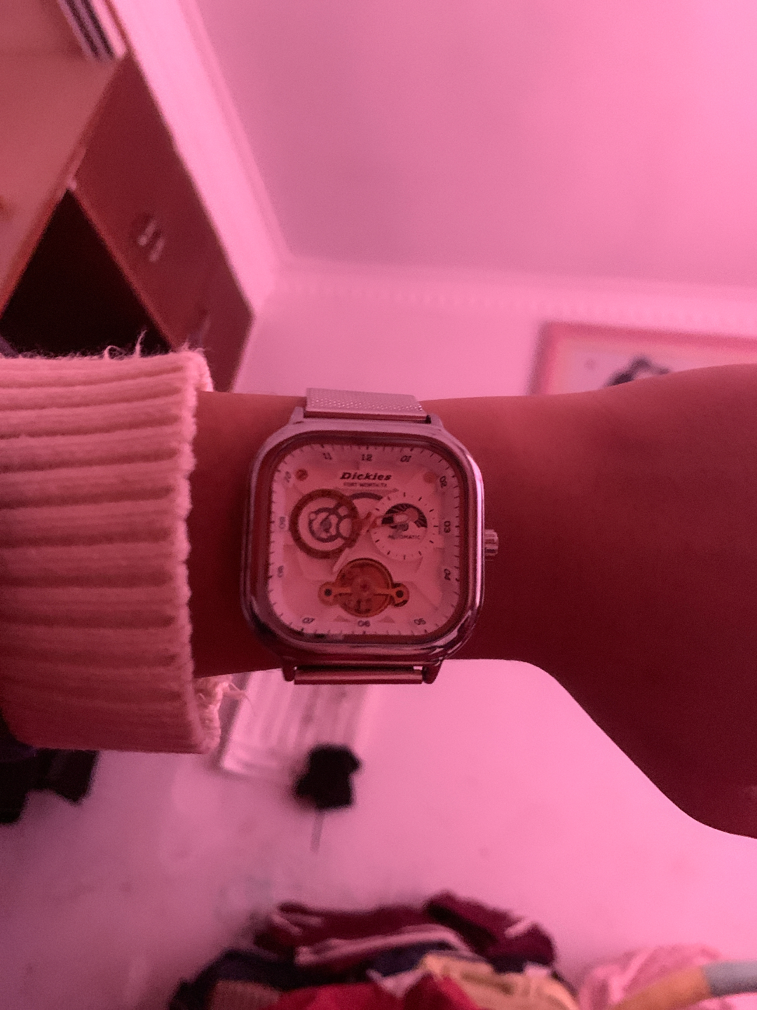 custom review-Dickies Солнце луна и звезды Наручные часы Механический механизм Стальной ремешок Черный циферблат Унисекс Коробка Лимитированная серия