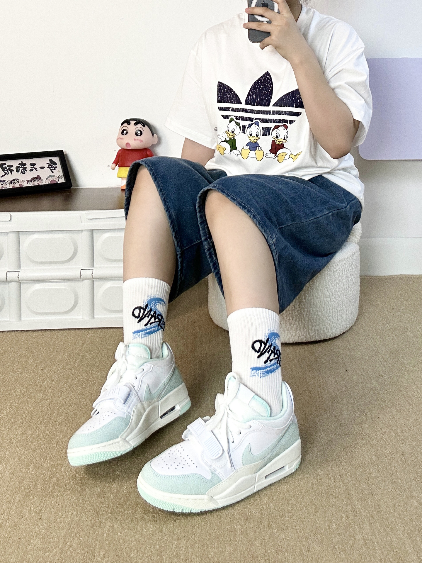 清爽小白袜➕薄荷绿板鞋是活力少年感呀