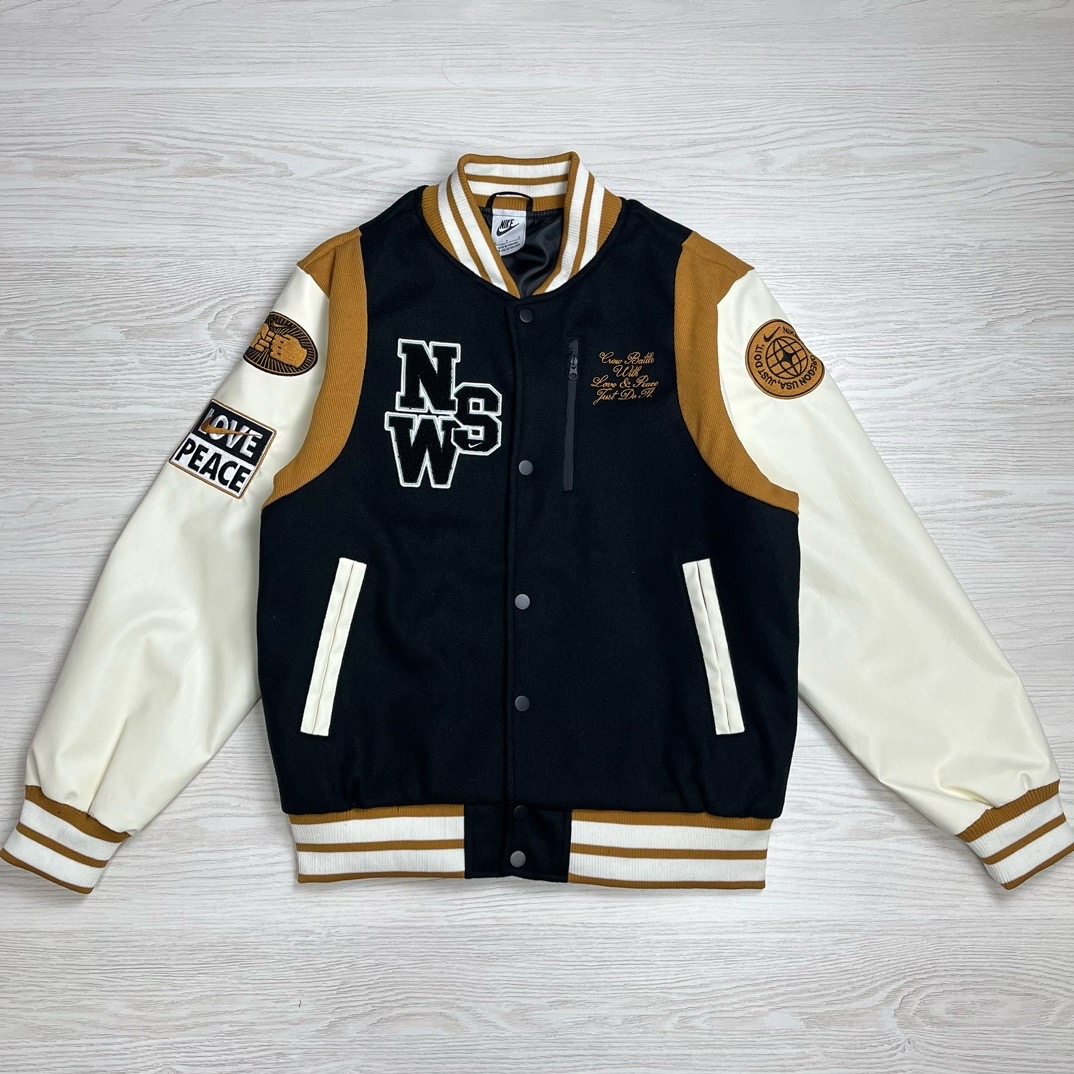 nike耐克新款nsw刺绣🪡拼接pu皮袖撞色毛呢夹克立领棒球服,春秋情侣