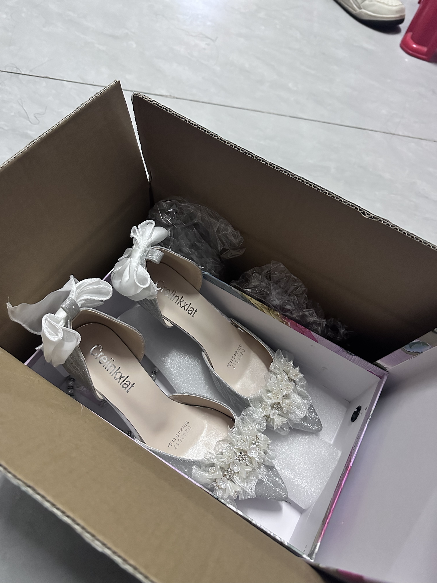 custom review-Crelinkxlat [Глазурь Звездный свет] Жемчужный бантик Кристальная обувь для свадьбы ПУ (полиуретан)