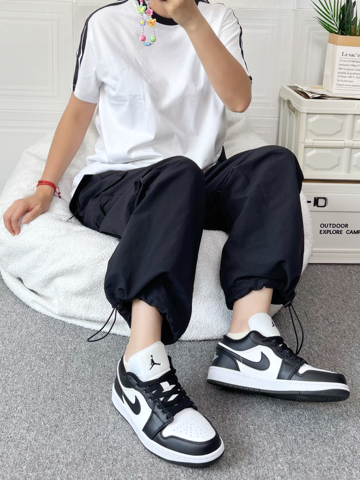 夏日清爽穿搭 aj1黑白熊猫配工装裤