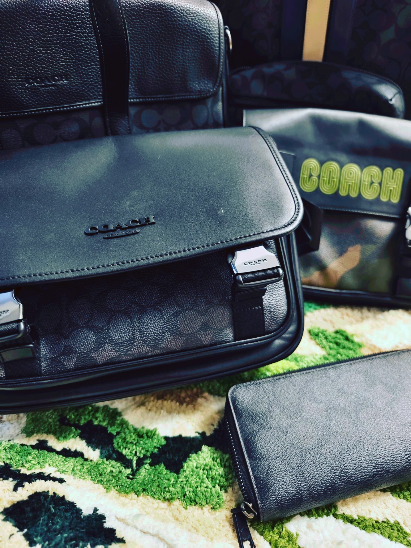 custom review-COACH Racer Покрытый холст с гладкой телячьей кожей курьерская сумка сумка через плечо мужская угольно-серый